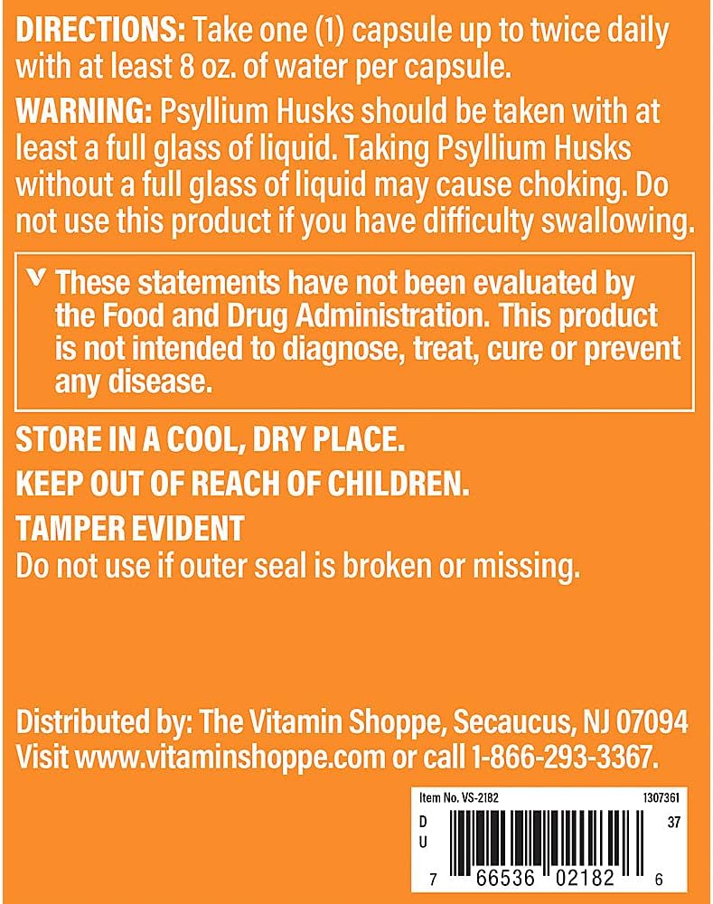 The Vitamin Shoppe Psyllium Husks Plantago Ovata Fiber Supplement (300 Capsules)