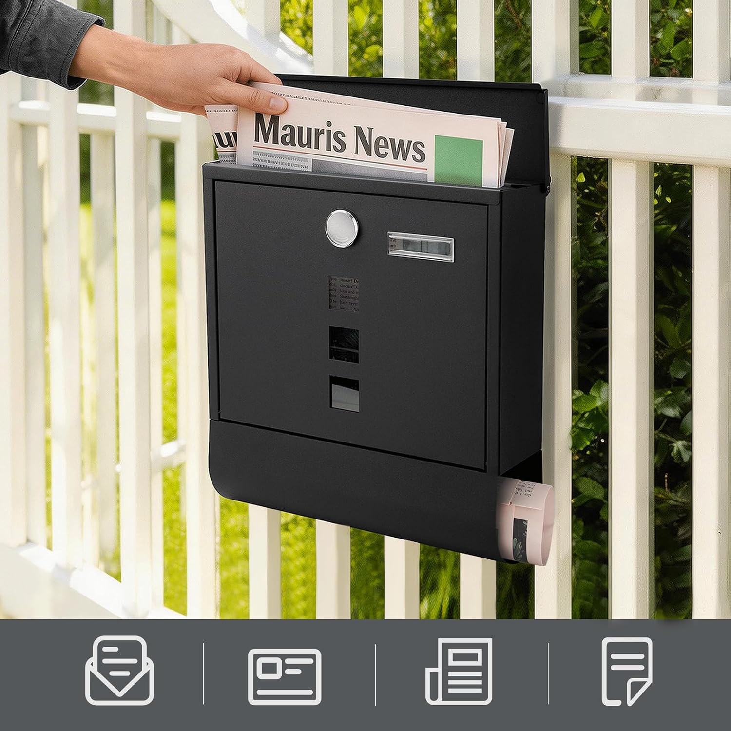 Locking Mailbox Wall Mount for Outside– Jssmst Mailboxes with Key Lock for Front Door Fence, Large Capacity Letter Box, 14.3 x 4.1 x 11.8 Inch, Black, SM-HPB911BN