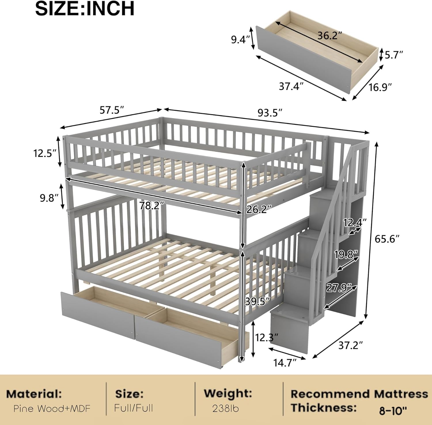 Bellemave Full Over Full Bunk Beds with Stairs Stairway Bunk Bed Frame with Storage Shelves for Teens Adult, Detachable Wood Full Bunk Bed, Gray