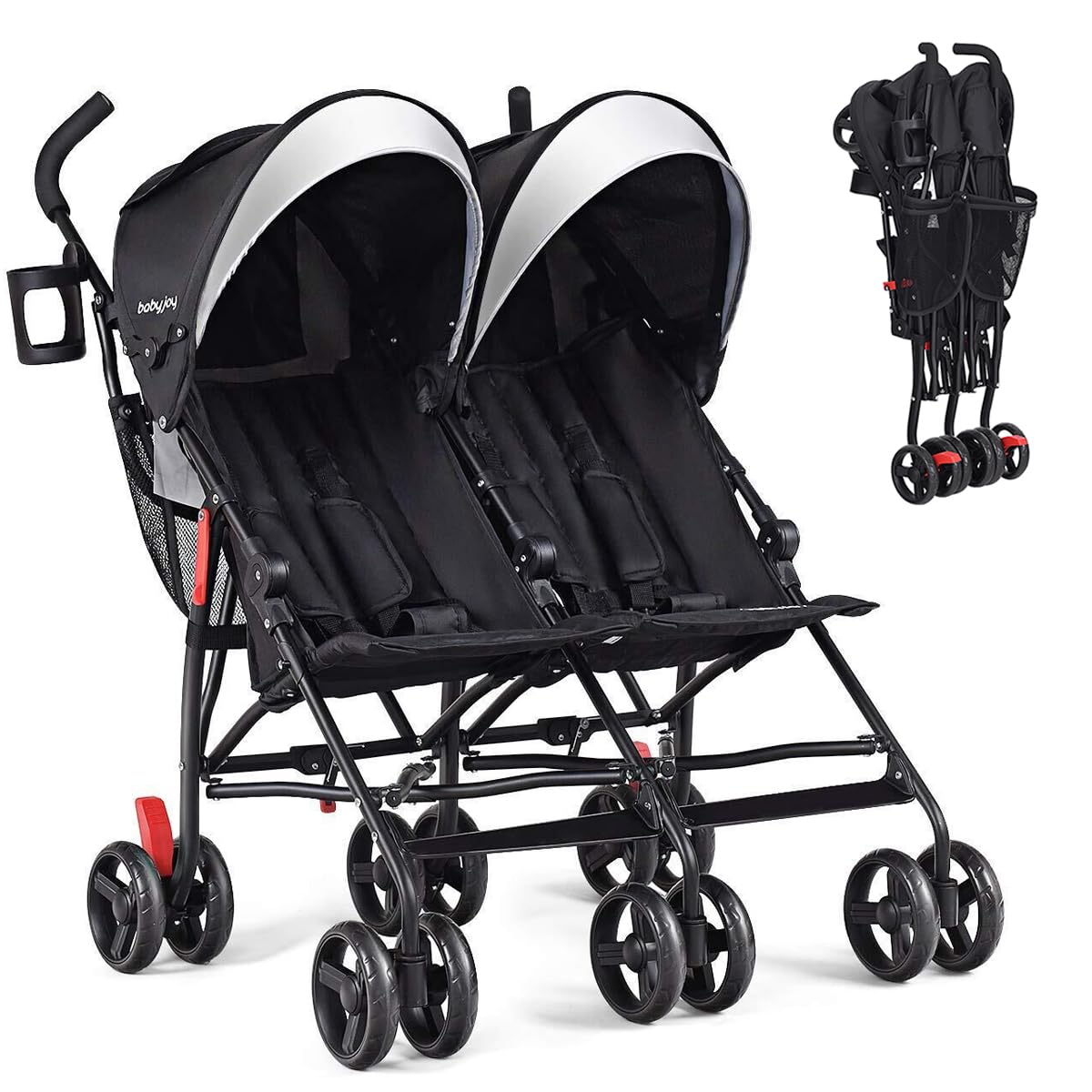 BABY JOY Double Umbrella Stroller, Lightweight Travel Side by Side Twin Stroller with Large Storage, Cup Holder, 5-Point Safety Harness, Adjustable Canopy & Compact Fold for Infant and Toddler (Black)
