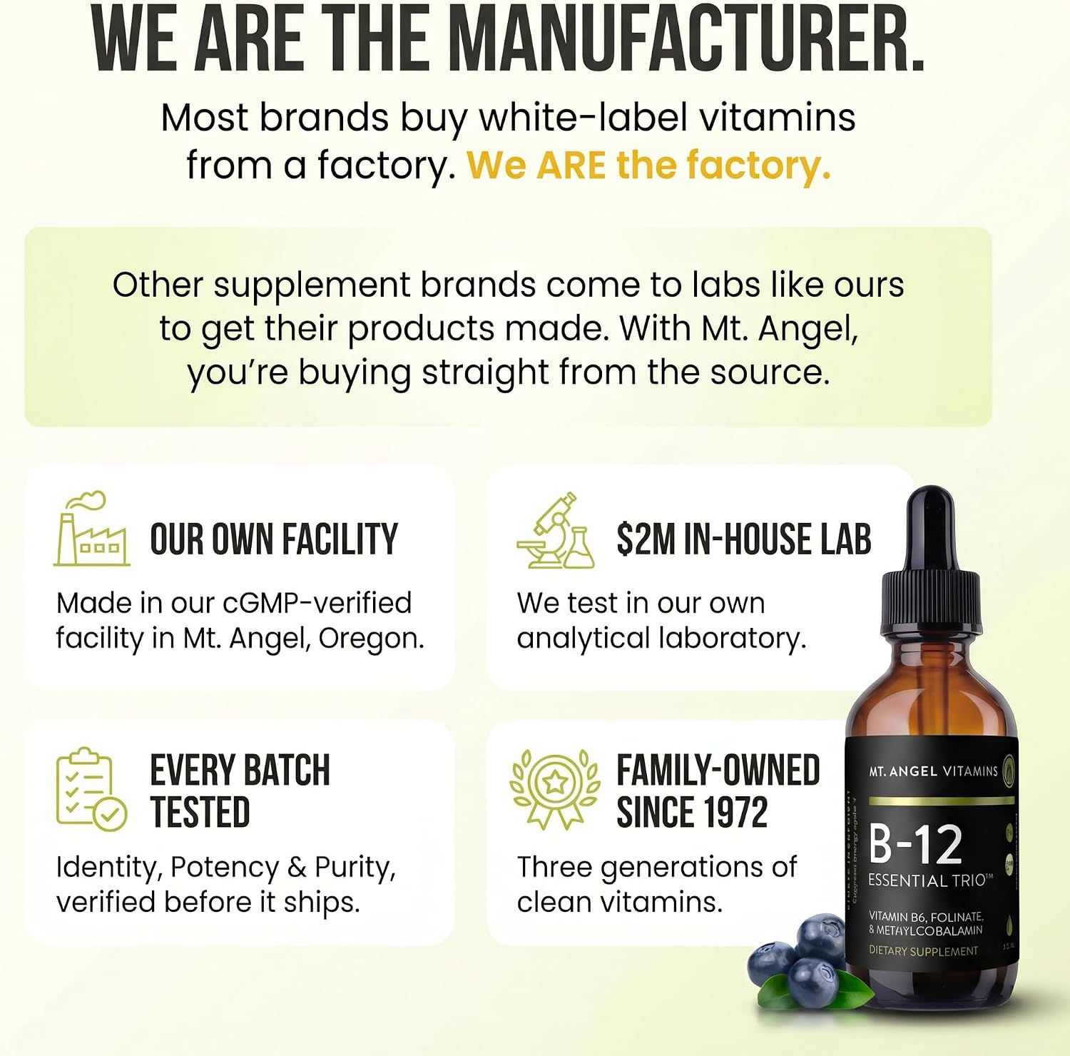 Mt. Angel Vitamins - B12 Essential Trio - Vegan Sublingual Drops with High-Potency Methyl B12, B6 & Folate - Easy Absorption Liquid - Non-GMO