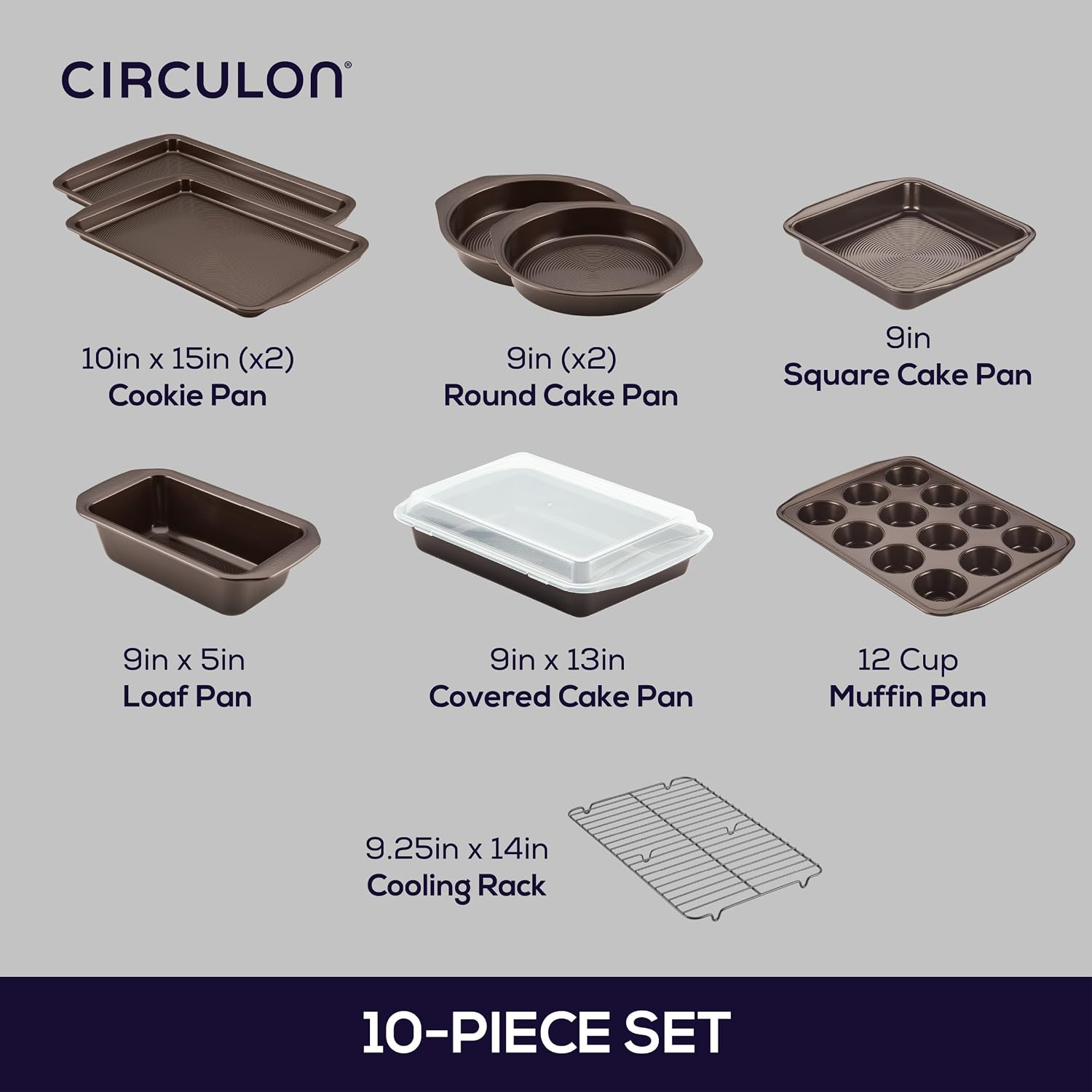 Circulon Nonstick Bakeware Set with Nonstick Cookie Sheet, Bread Pan, Bakings Pan and Cake Pans - 5 Piece, Chocolate Brown