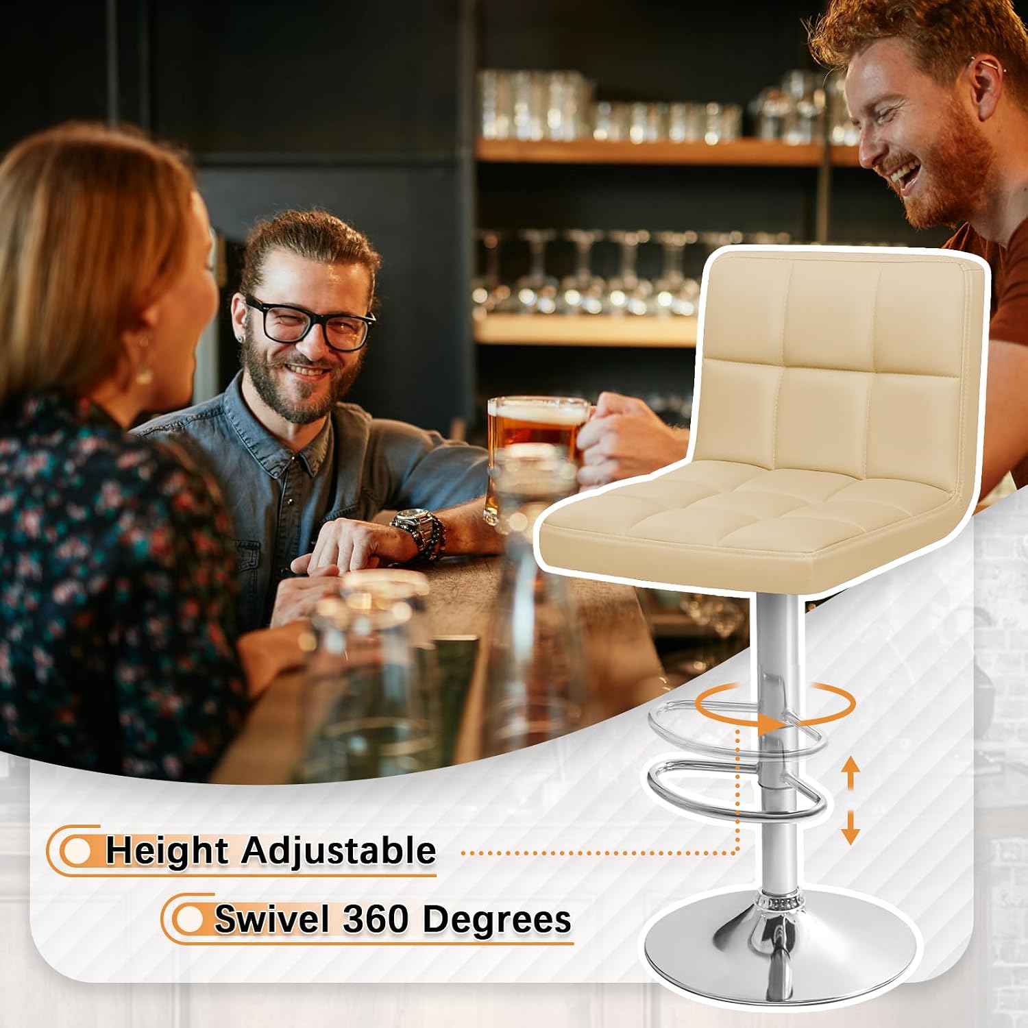 Homall Bar Stools Modern PU Leather Adjustable Swivel Barstools, Armless Hydraulic Kitchen Counter Bar Stool Extra Height Square Island Barstool with Back Set of 2 (Leather, White)