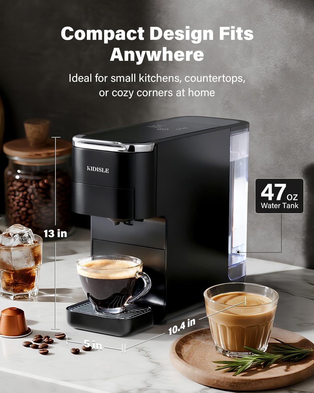 KIDISLE 20 Bar Espresso Machine, Compatible with Nespresso Original & Dolce Gusto Capsules, Ground Coffee & ESE Pods, 47.3oz Tank, One-Touch Boil