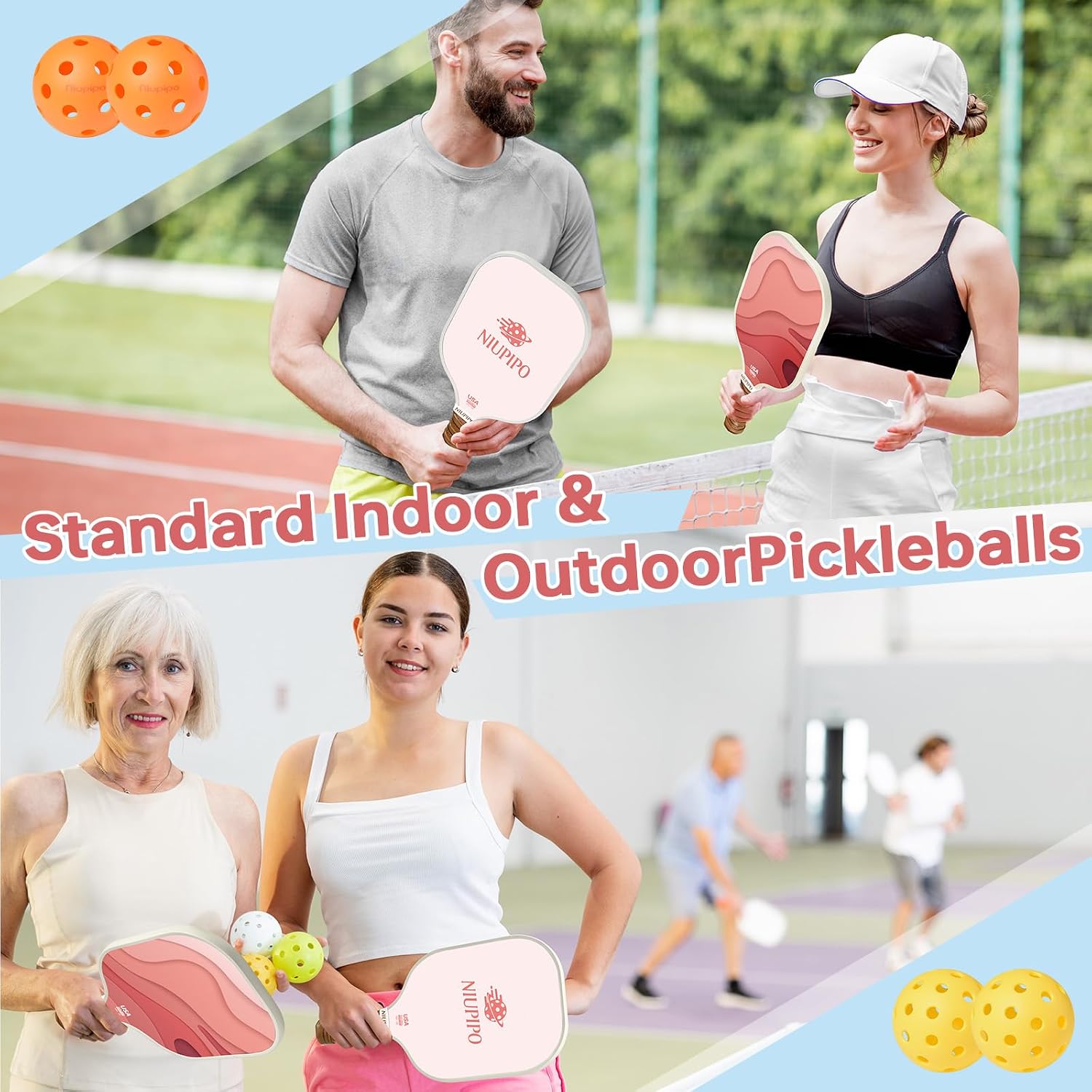 niupipo Pickleball Paddles Set of 2 or 4, USAPA Approved Fiberglass Pickleball Paddle Set with Balls and Bag, Polypropylene Honeycomb Core