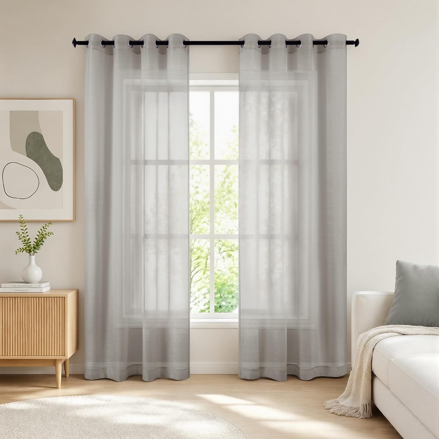 KOUFALL White Sheer Curtains 72 Inches Long for Bedroom Set of 2 Panels Grommet Faux Linen Window Voile Semi Baisc Decorative Sheer Curtains for