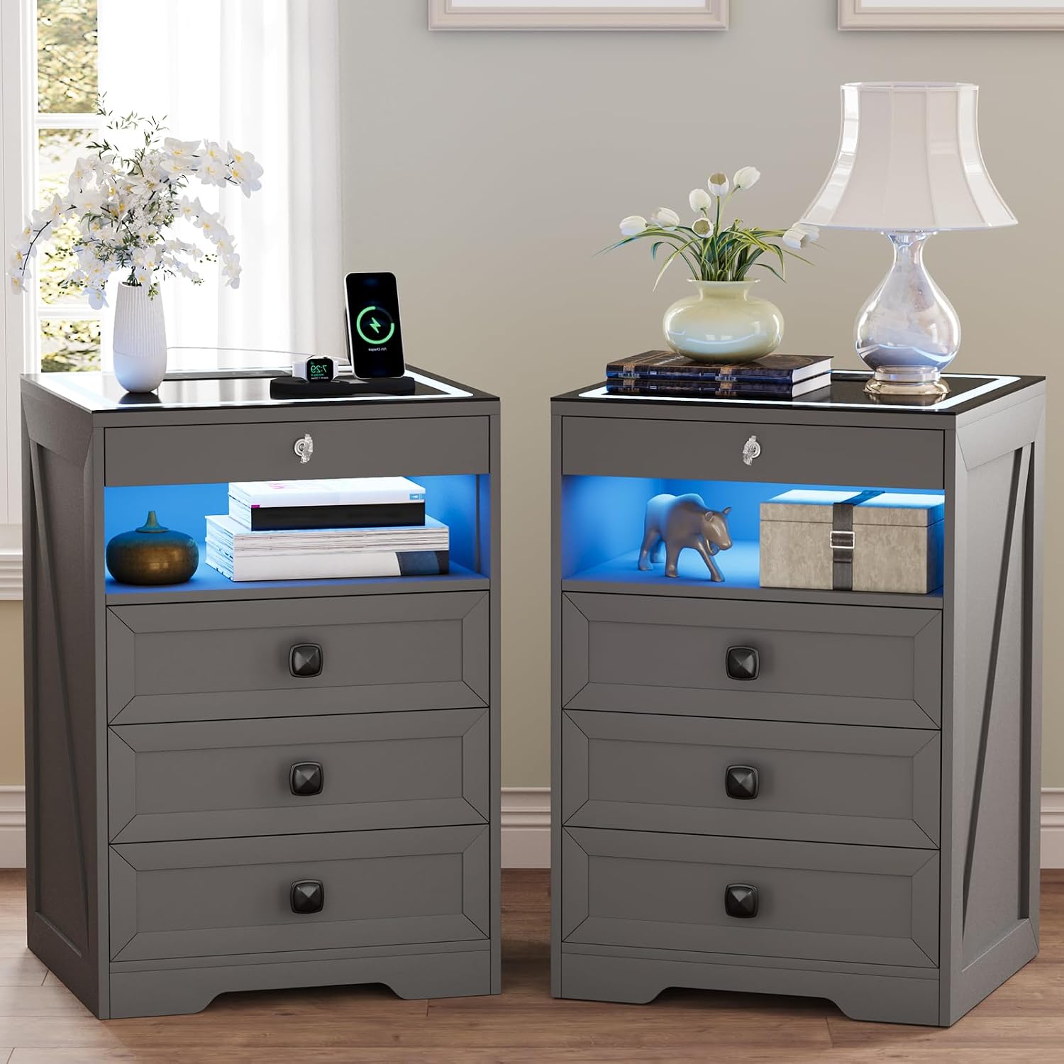 Smart LED Nightstand with Lockable Gun Drawer & Glass Top（Black） | Modern Bedside Table with Charging Station and Hidden Storage, LED Night Stand with 4 Drawers & Motion Sensor for Bedroom