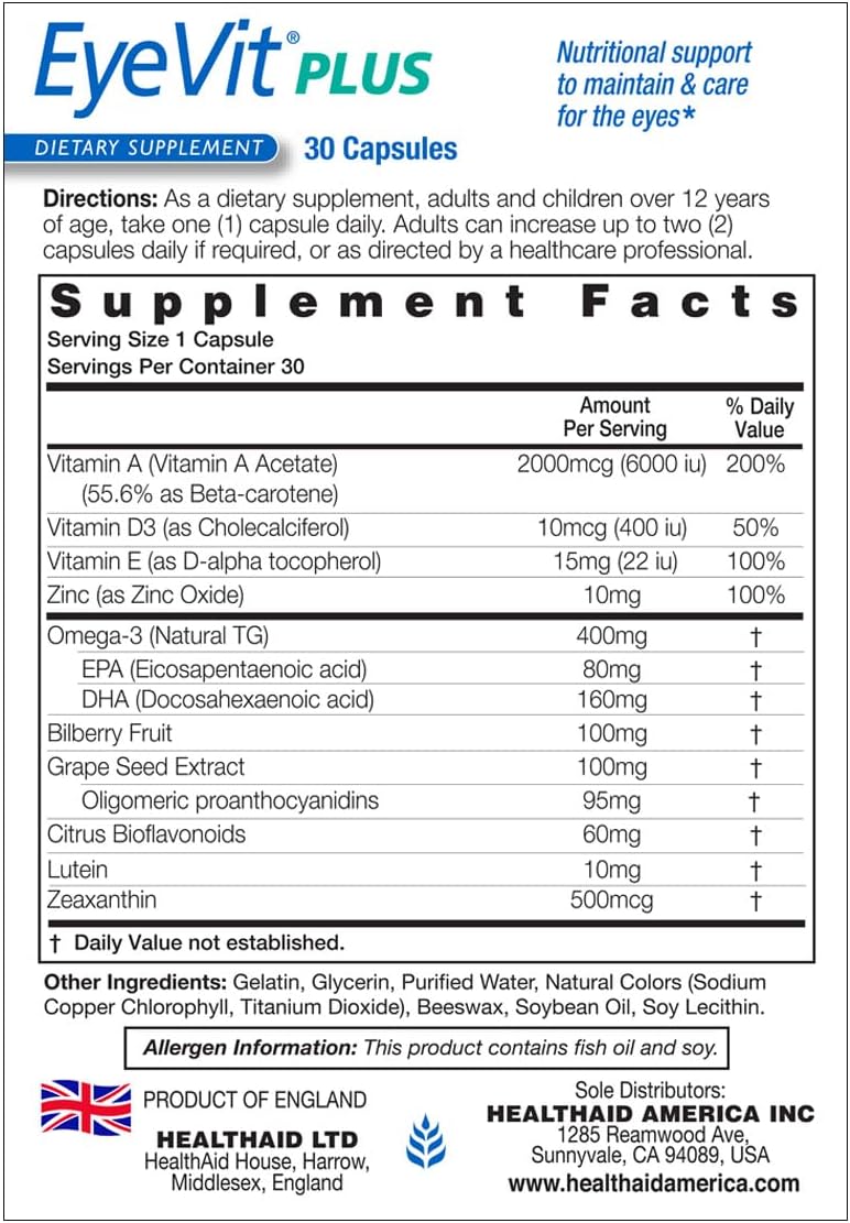 EyeVit Plus – Once-Daily Eye Health Supplement | 30 Capsules | Contains Omega-3, Lutein, Beta-Carotene, Zeaxanthin, Bioflavonoids & Bilberry