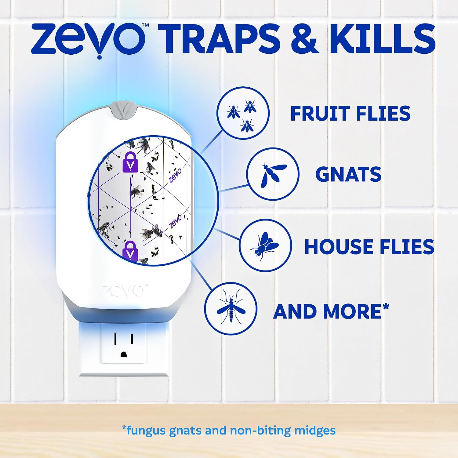 Zevo Flying Insect Trap for Fruit Flies & Gnats, 1 Base & 1 Refills | Fly Trap Catches House Flies, Gnats & Fruit Flies 24/7, Spray-Free, Odor-Free, Blue & UV Light, Safe for Kids & Pets*