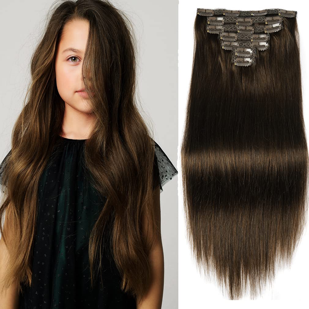 22" Clip in Human Hair Extensions Full Head 200g 10 Pieces 22 Clips Light Brown Double Weft Brazilian Real Remy Hair Extensions Thick Straight (22"
