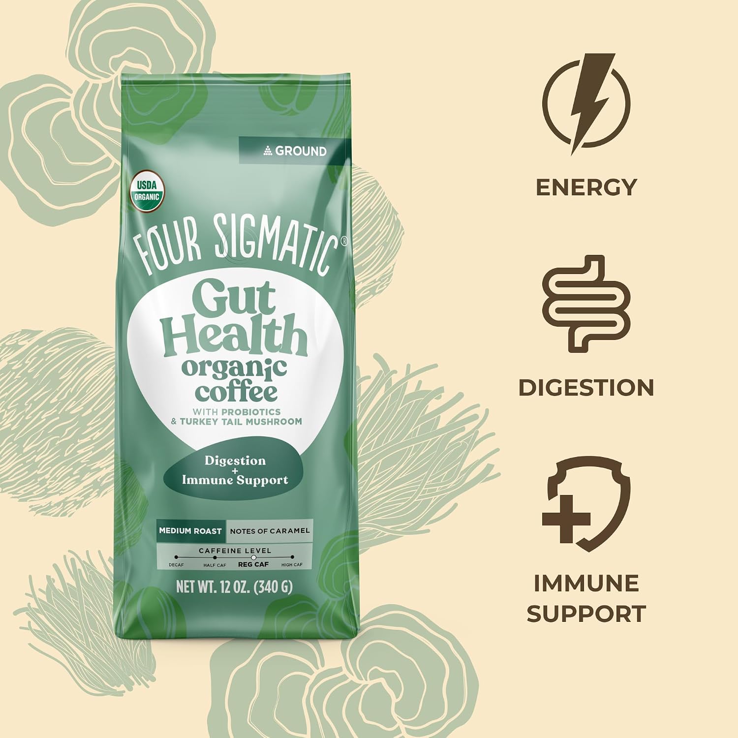 Four Sigmatic Organic Focus Mushroom Ground Coffee | Dark Roast, Organic Coffee with Lion's Mane & Chaga Mushroom for Mental Clarity & Energy Support | 12oz Bag