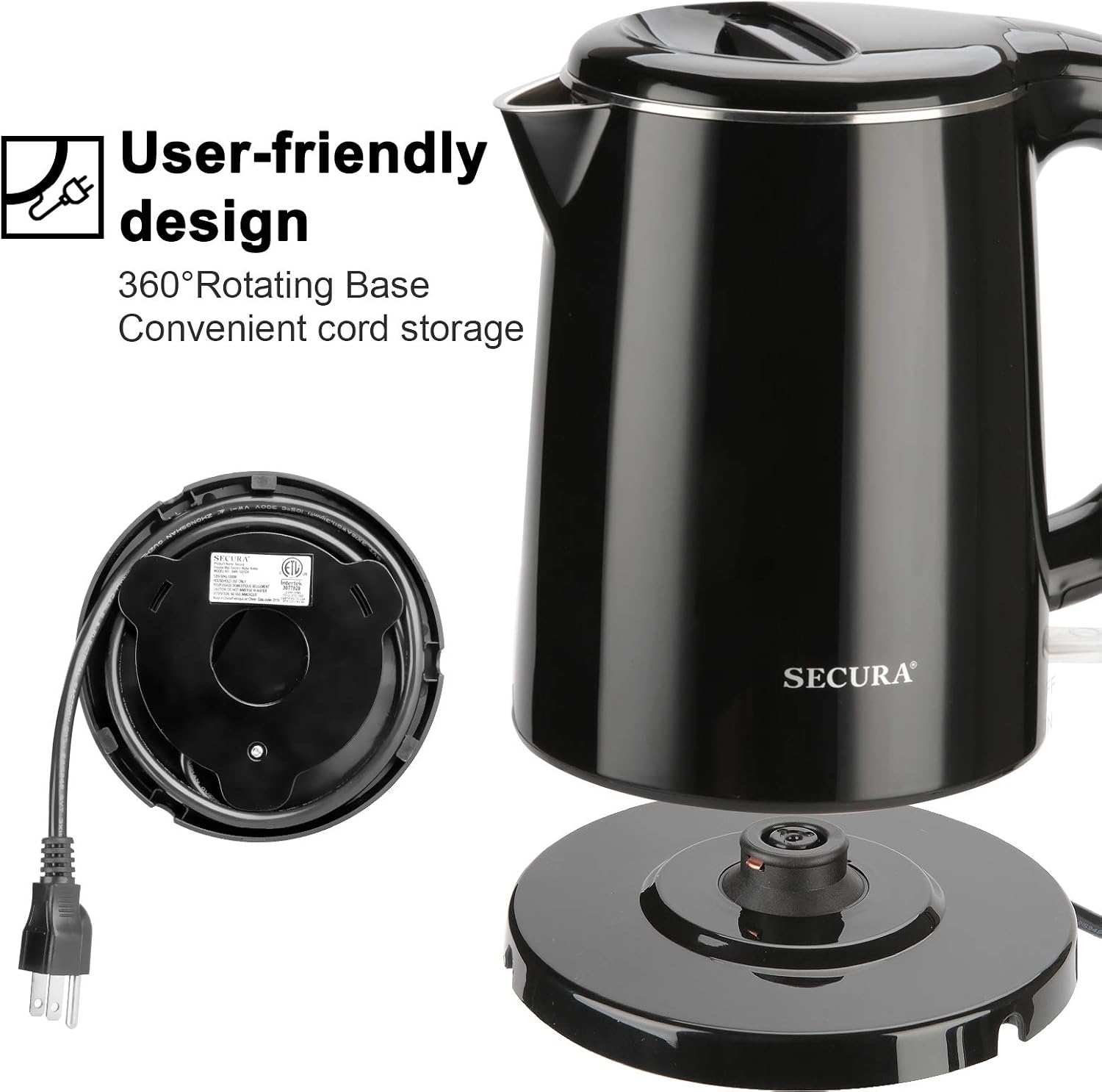 Secura Stainless Steel Double Wall Electric Kettle Water Heater for Tea Coffee w/Auto Shut-Off and Boil-Dry Protection, 1.0L (Orange) SWK-1001DO/HB-K012