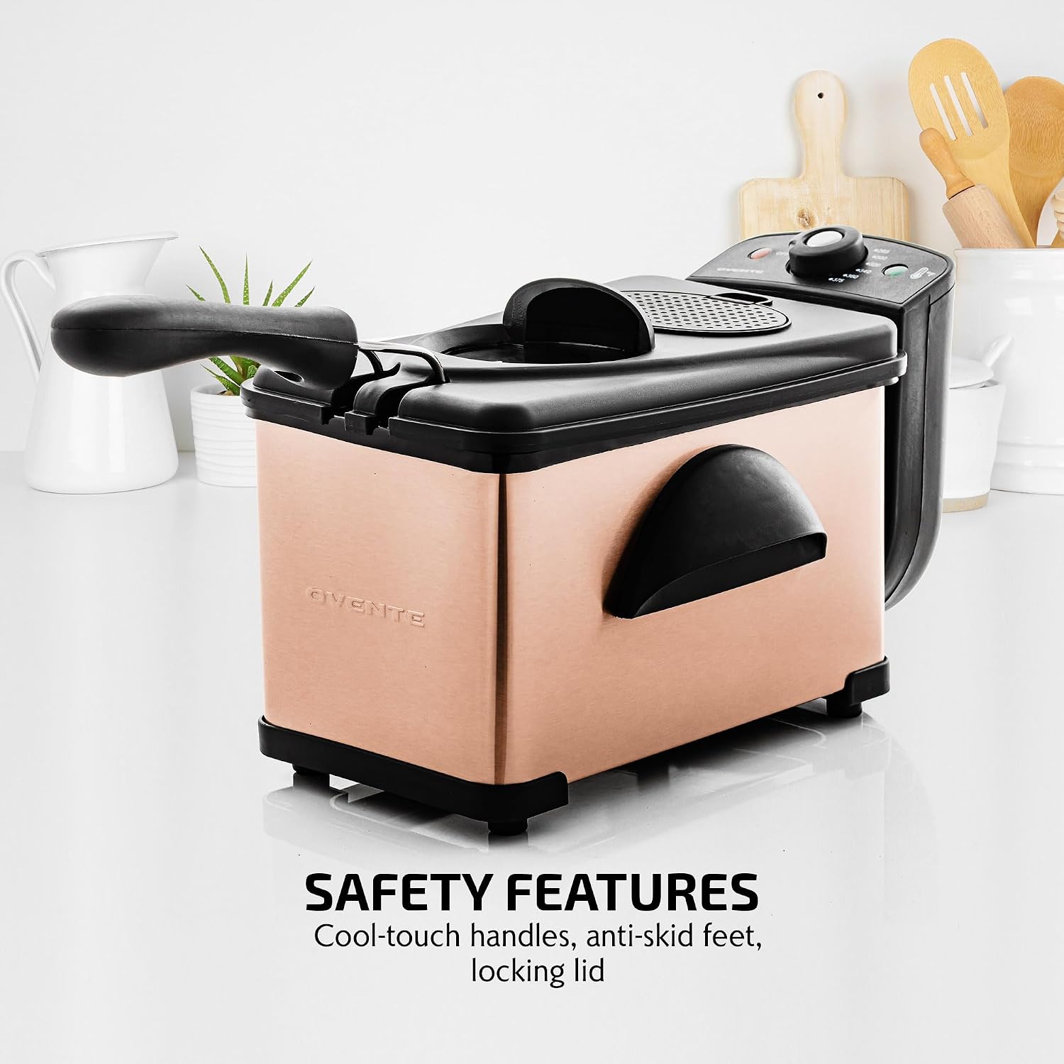 OVENTE Electric Deep Fryer, 0.9L Capacity, 840W, Silver FDM1091BR | Adjustable Temperature Knob, Locking Lid, Removable Frying Basket and Cool Touch Handle, Easy to Clean Stainless Steel Body