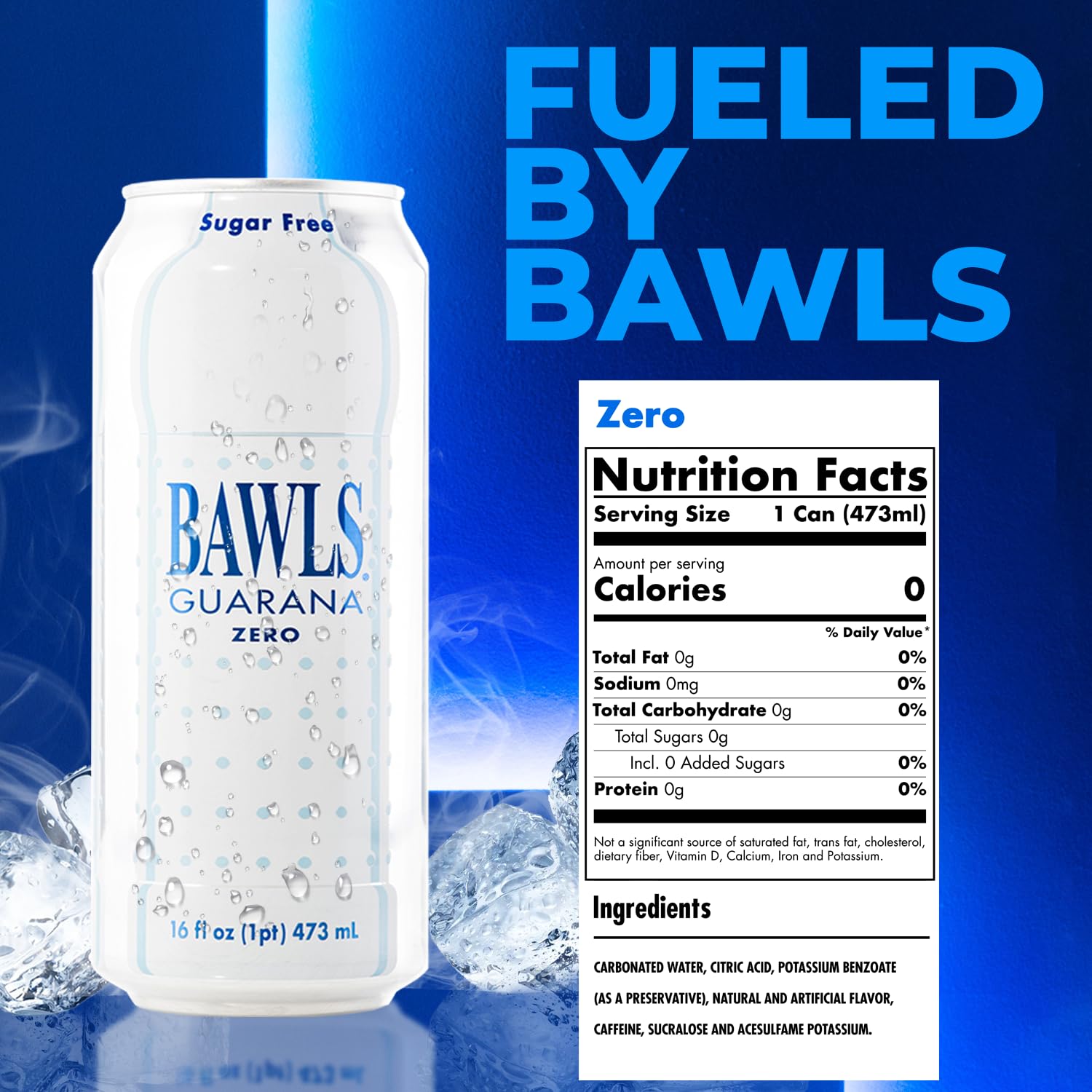 BAWLS Guarana Zero - High Energy Caffeinated Soda, 16oz 12 Pack Cans
