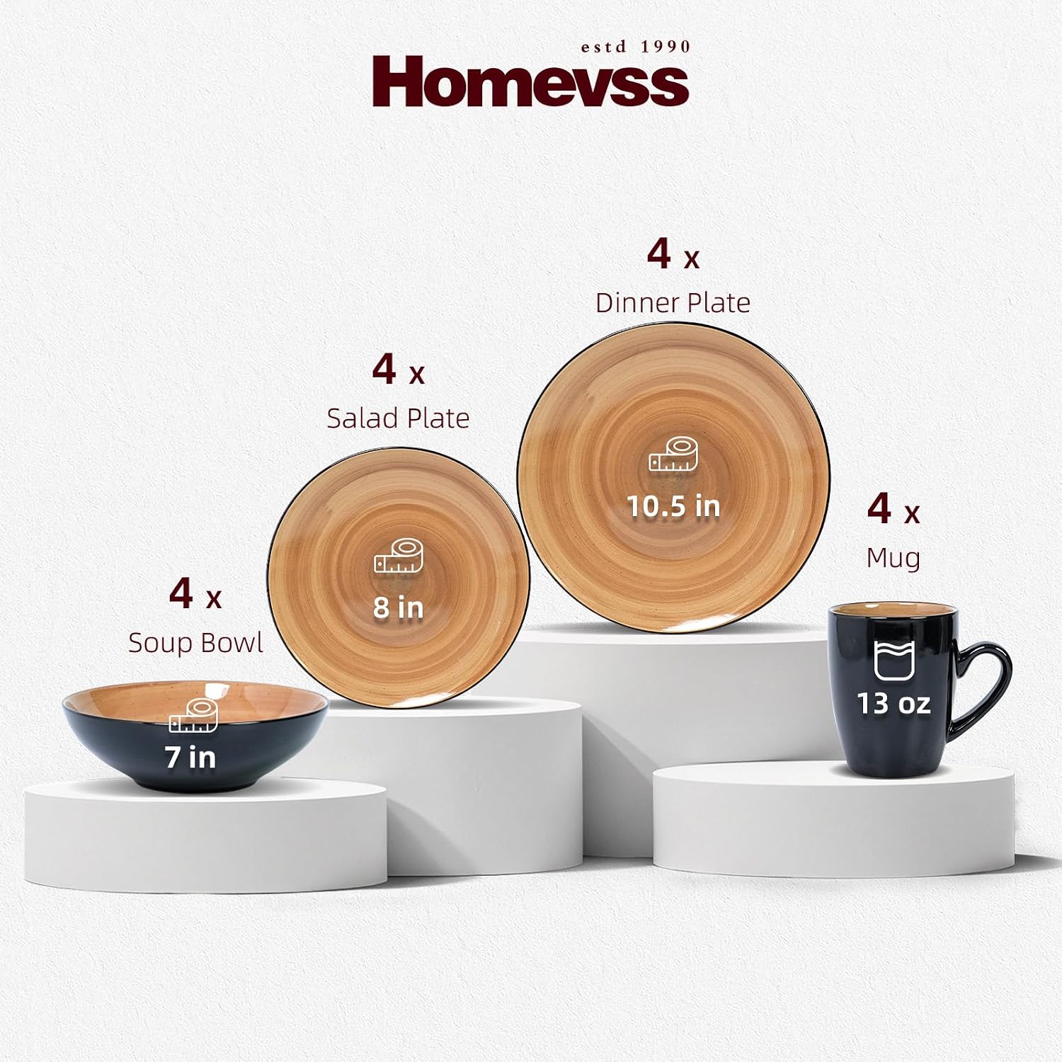 HomeVss, Sonoma Stoneware Dinnerware Set, Outside Black + Inside Hand Painting Color (16pc Set, Grey)