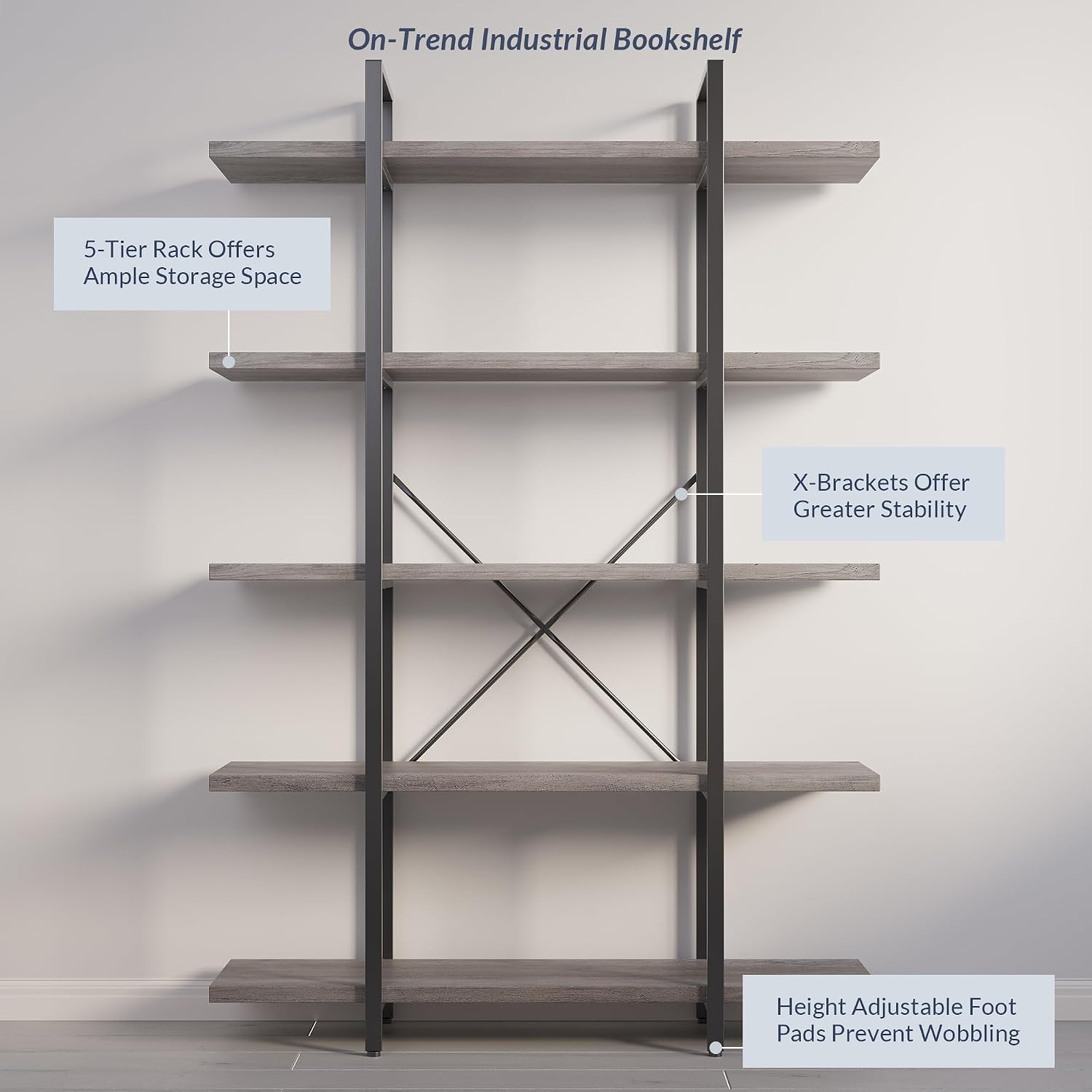 BELLEZE 4 Tier Modern Rustic Industrial Bookshelf, Open Wide Office Etagere Book Shelf