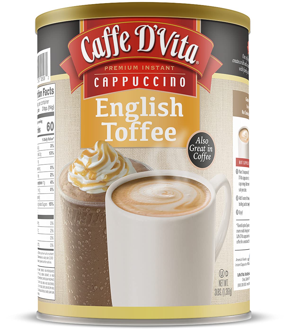 Caffe D'Vita Mocha Cappuccino Mix - 4 lb can (64 oz.) | Instant Cappuccino Mix, Gluten Free, No Cholesterol or Trans Fat, 99% Caffeine Free, Mocha