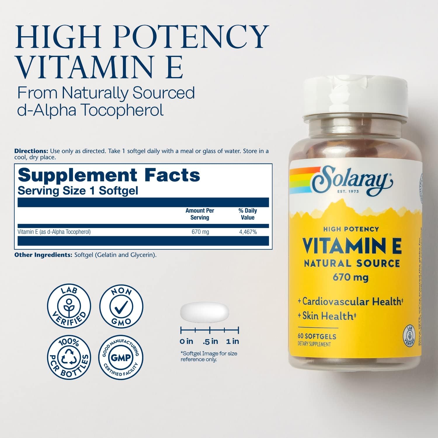 SOLARAY Vitamin E 1000 IU Softgel Capsules, 670 mg - d Alpha Tocopherol Vitamin E Supplements - Skin Health