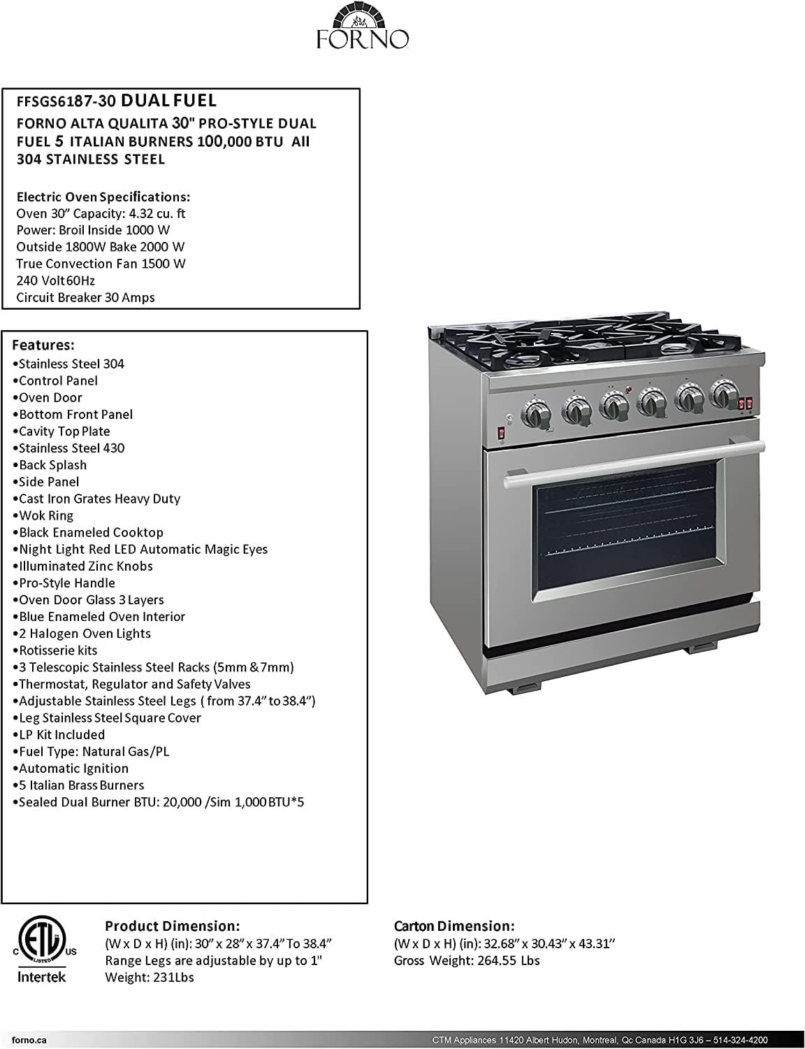 FORNO Capriasca Dual Fuel 30" Inch. Freestanding Range 5 Sealed Brass Burners Cooktop and 4.32 Cu. Ft. Electric Convection Oven - Stainless Steel