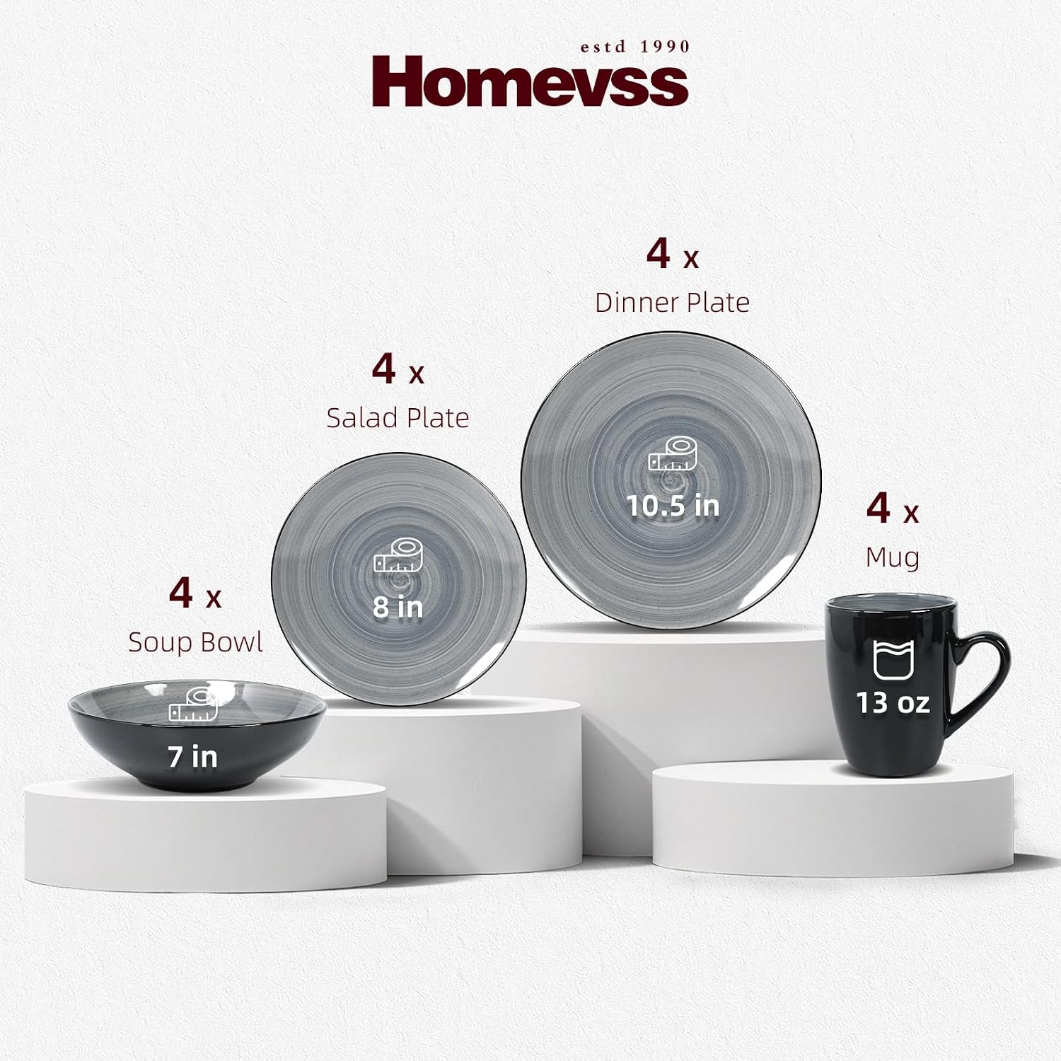 HomeVss, Sonoma Stoneware Dinnerware Set, Outside Black + Inside Hand Painting Color (16pc Set, Grey)