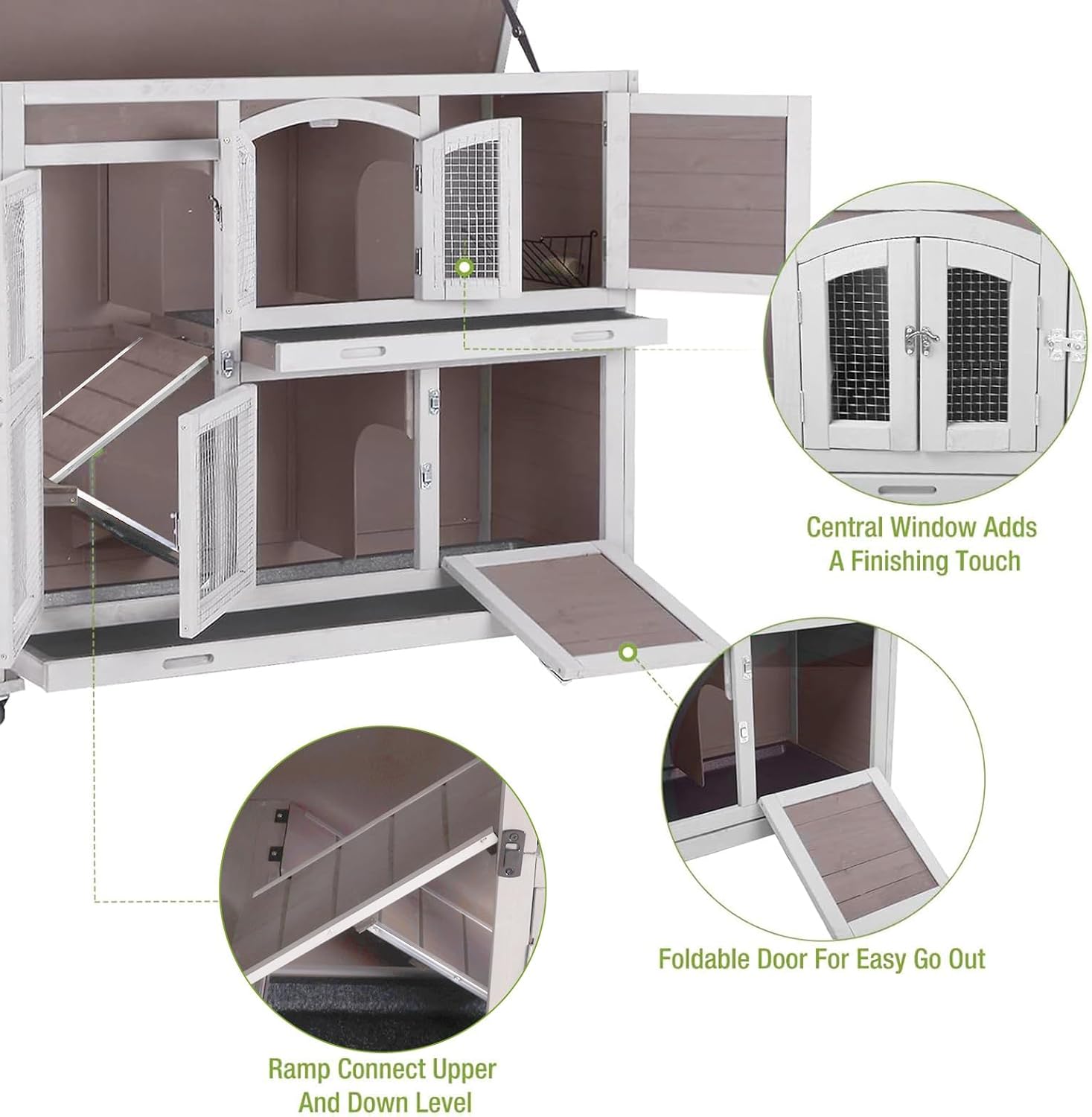 GUTINNEEN Rabbit Hutch Indoor Outdoor Bunny House Guinea Pig Cage on Wheel with Plastic Tray