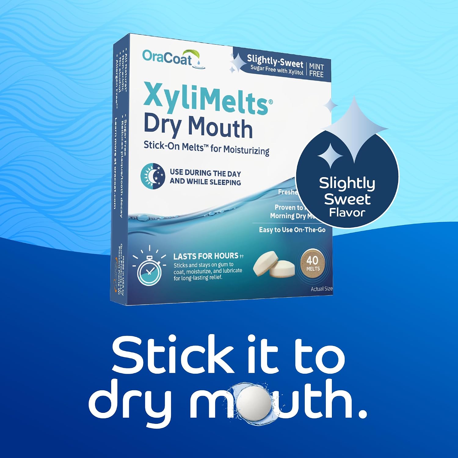 Oracoat XyliMelts for Dry Mouth Night Time or Day - Moisturizing Dry Mouth Adhering Discs, Sugar Free with Xylitol, 40 Count, Slightly-Sweet Flavor