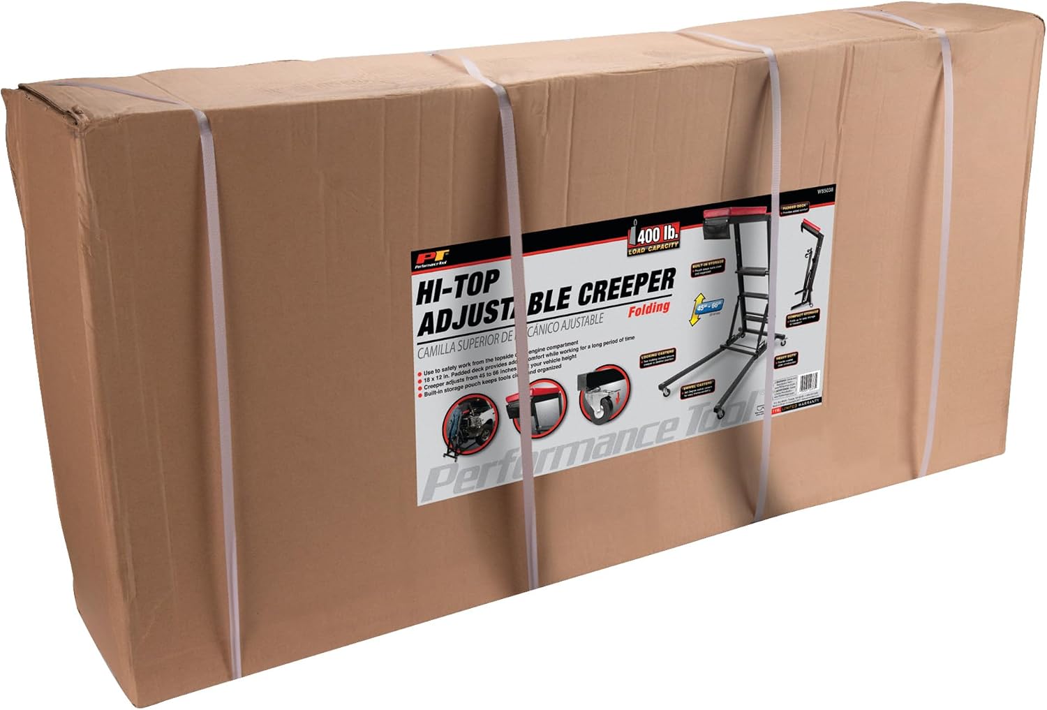 Performance Tool W85014 38 in. Low-Profile Automotive Mechanics Creeper | Oversized x-frame low profile creeper with 2-inch extra cushion padding. 5-inch jumbo swivel casters. 300 lb. capacity
