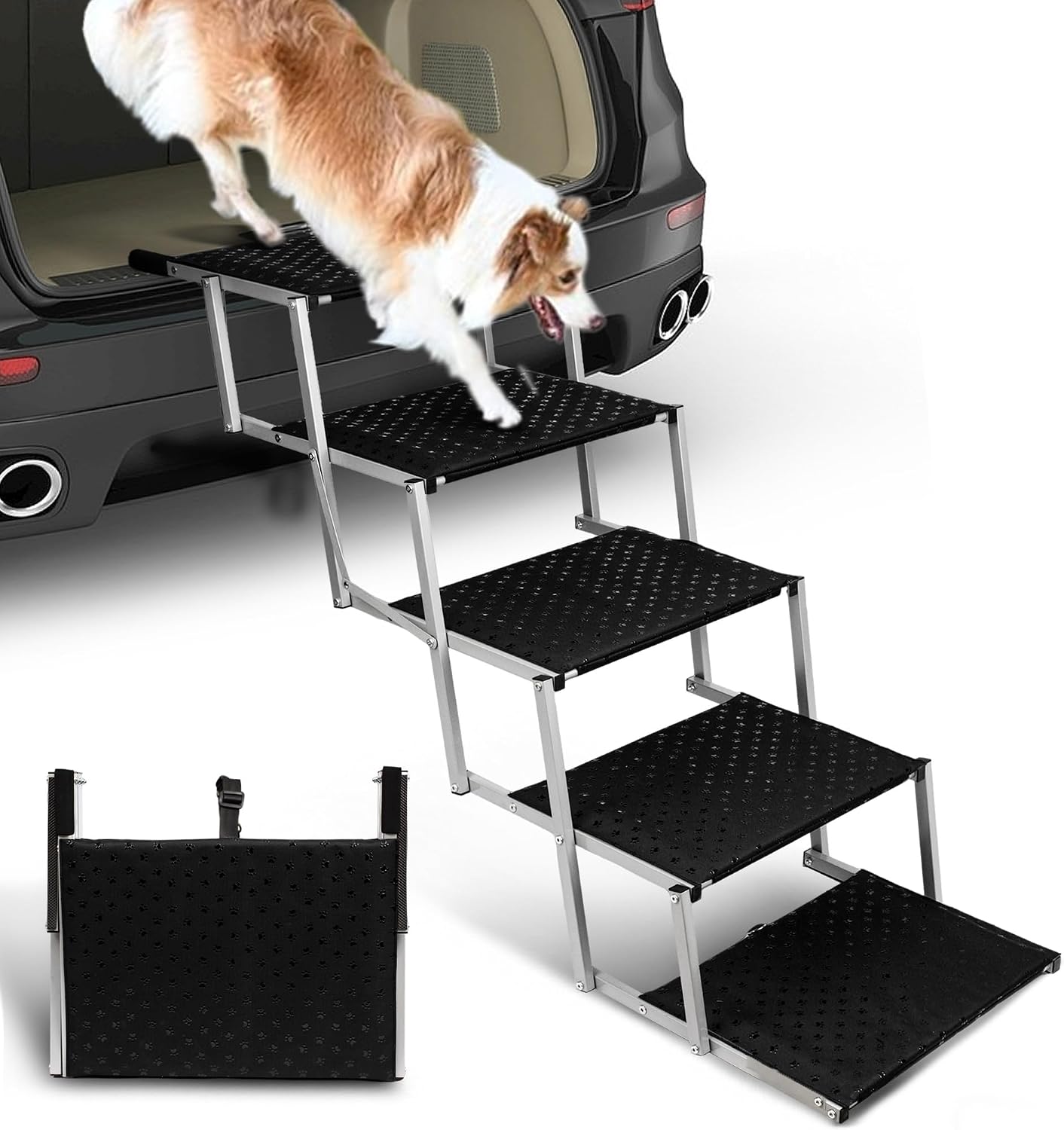 Foldable Dog Stairs for Car,17" Extra Wide Pet Ramp for Large Dog,6 Steps | 17" Extra Wide 200LBS Capacity Lightweight Portable Reinforced Pet Ramp for SUV Truck High Bed