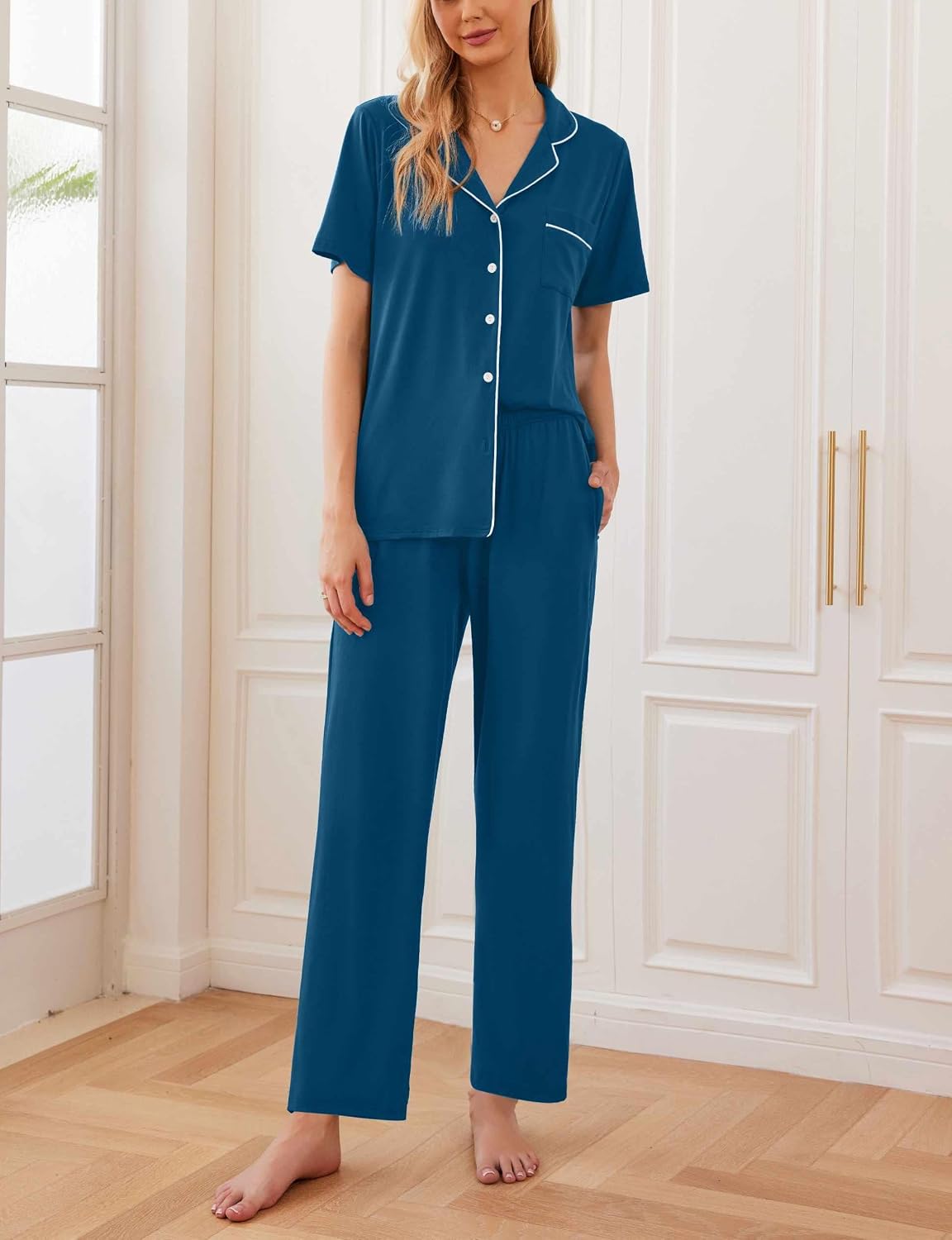Ekouaer Womens Pajamas Set Short Sleeve Button Down Top & Pants Lounge Pjs