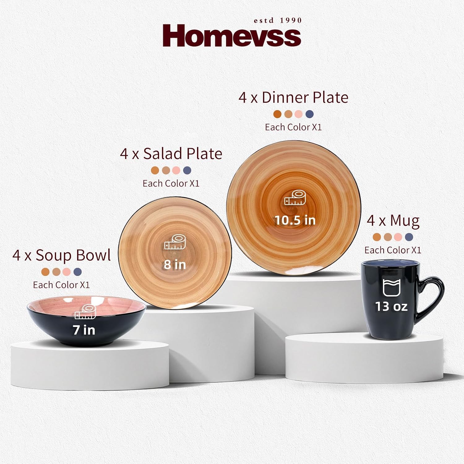 HomeVss, Sonoma Stoneware Dinnerware Set, Outside Black + Inside Hand Painting Color (16pc Set, Grey)