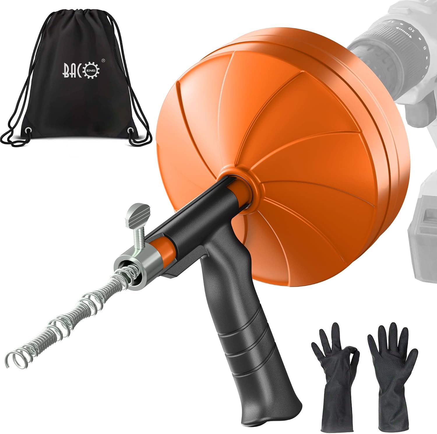 BACOENG 25Ft Drain Auger, Heavy Duty Plumbing Snake with Drill Adapter, Use Manually or Powered for Drain Clog, Shower Sink, Comes with Gloves and Bag (Orange)