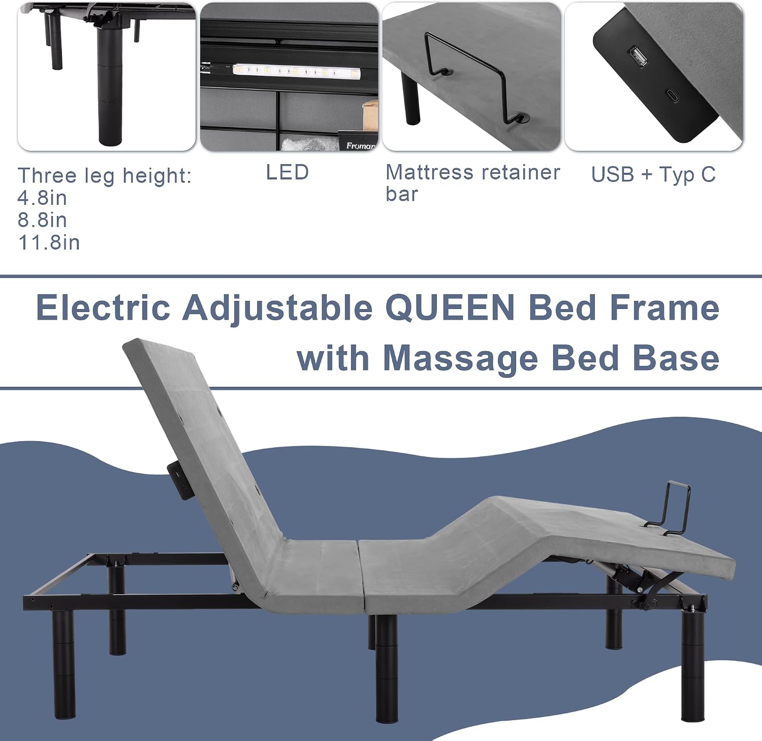 Fromann Adjustable Electric Twin XL Bed Base Frame with Massage, USB Type-C Ports, Zero Gravity, Under Bed Led Lighting and Three Leg Height (Black)
