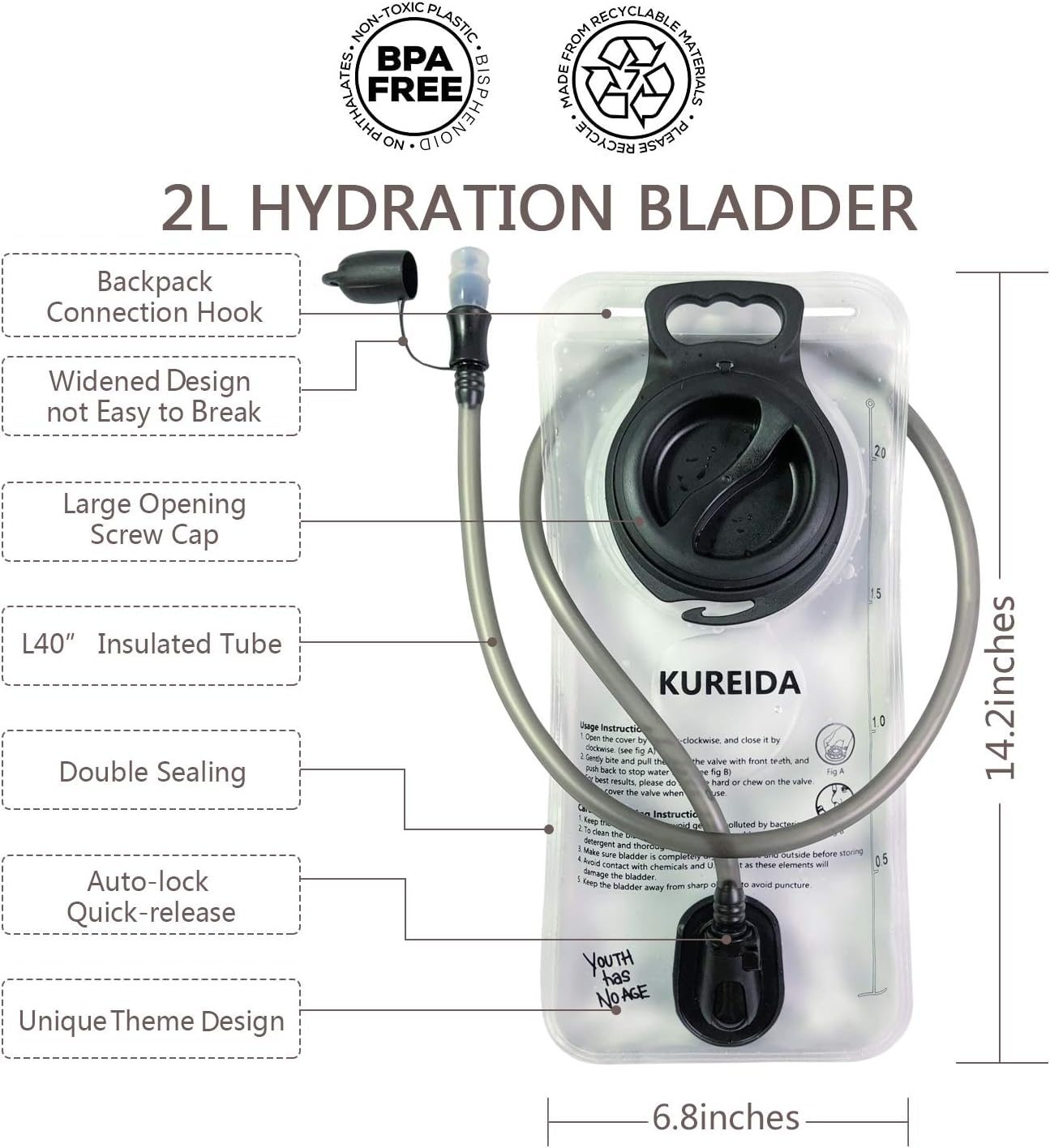 KUREIDA Hydration Bladder 2L-3L, Leak Proof Water Reservoir, BPA Free, Wide Opening