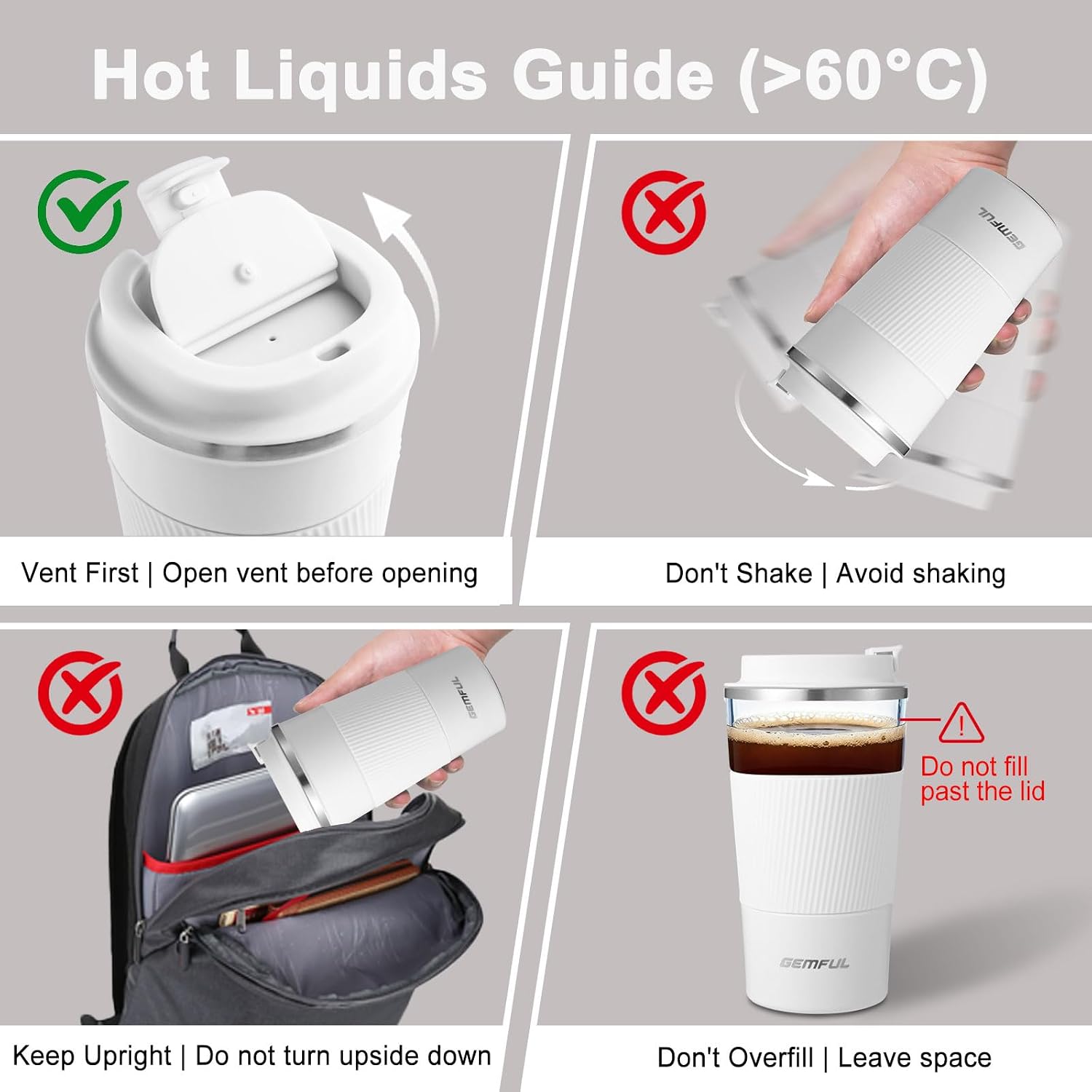 GEMFUL 2 Pack 17oz Insulated Travel Coffee Mug with Lid (Black/White)