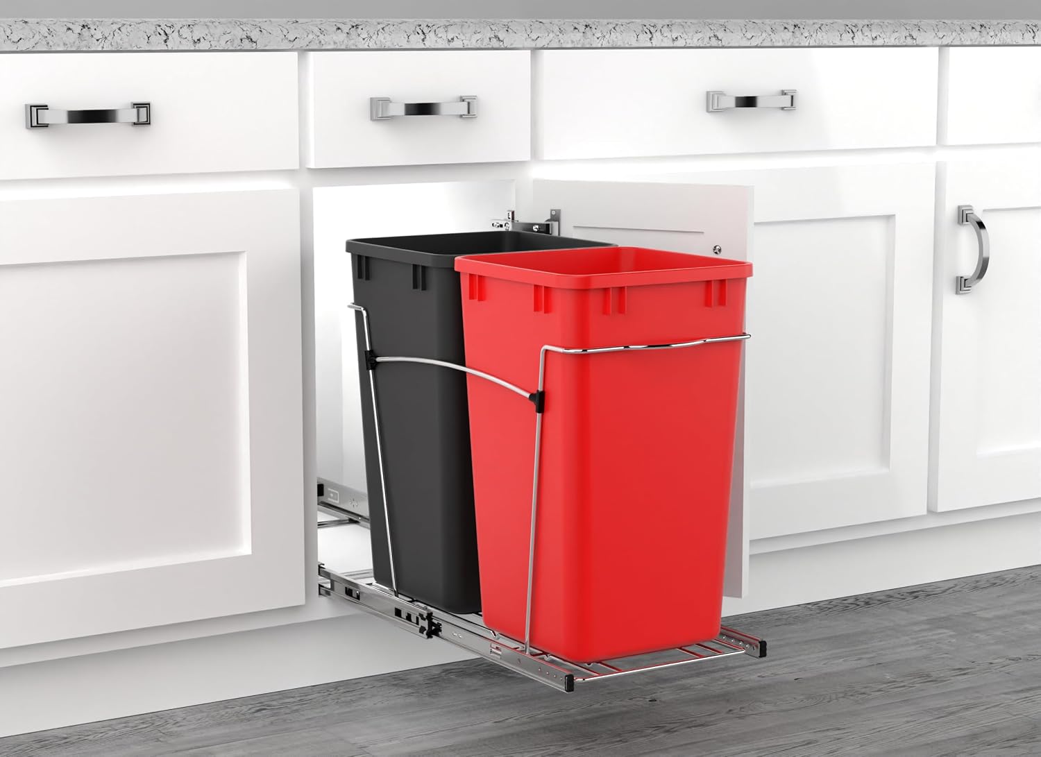Rev-A-Shelf Double 27 Qt Pullout Trash Can for Base Kitchen Cabinets, Garbage Waste Bin System with Full Extension Slides, Min Opening Width of 11.5", Metallic Silver, RV-15KD-17C S
