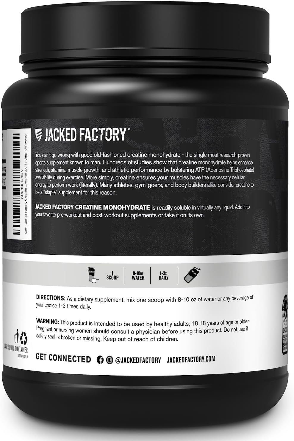 Jacked Factory Creatine Monohydrate Powder 425g - 5g Daily Micronized Creatine Monohydrate for Men and Women, Vegan-Friendly