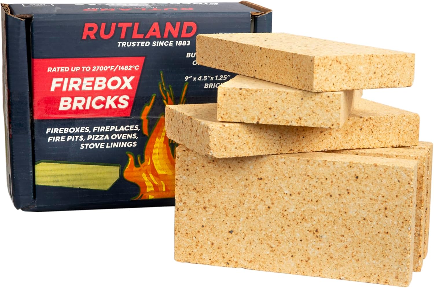 Rutland Fire Bricks, Properly Cured High Temperature FireBrick, USA-Made Residential Fire Clay Replacement for Wood Stove, Fireplace, & Pizza Oven, Size 9" x 4.5" x 1.25", 6-Pack, Tan