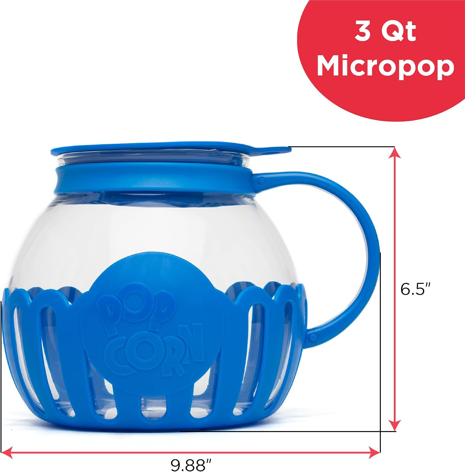 Ecolution Patented Micro-Pop Microwave Popcorn Popper with Temperature Safe Glass, 3-in-1 Lid Measures Kernels and Melts Butter, Made Without BPA, Dishwasher Safe, 3-Quart, Red