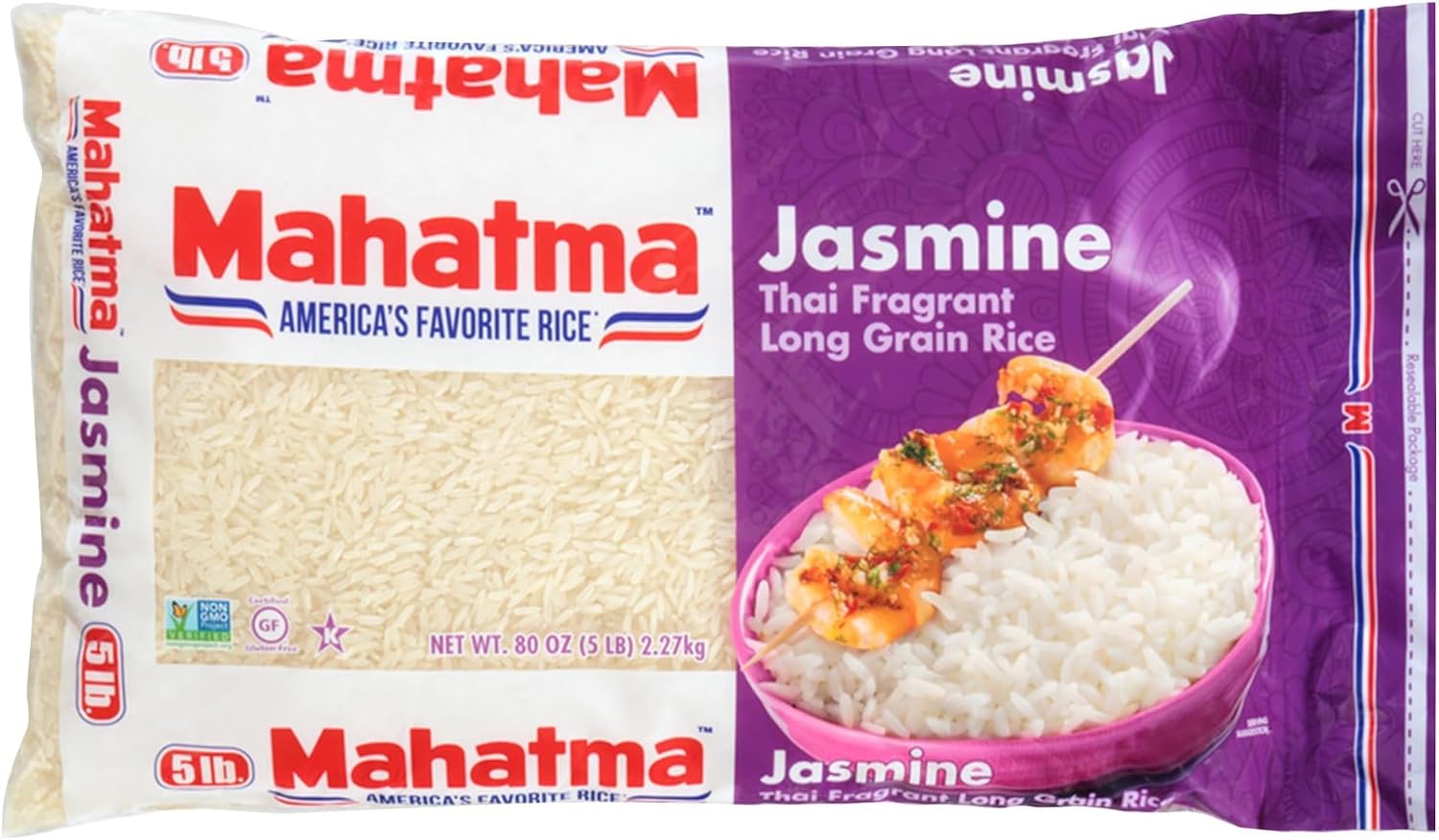 Mahatma Jasmine Rice, Fragrant Thai Rice, 5-Pound Bag | Aromatic rice for stovetop or microwave, quick and easy to cook, gluten-free, vegan, kosher, non-GMO, bulk bag