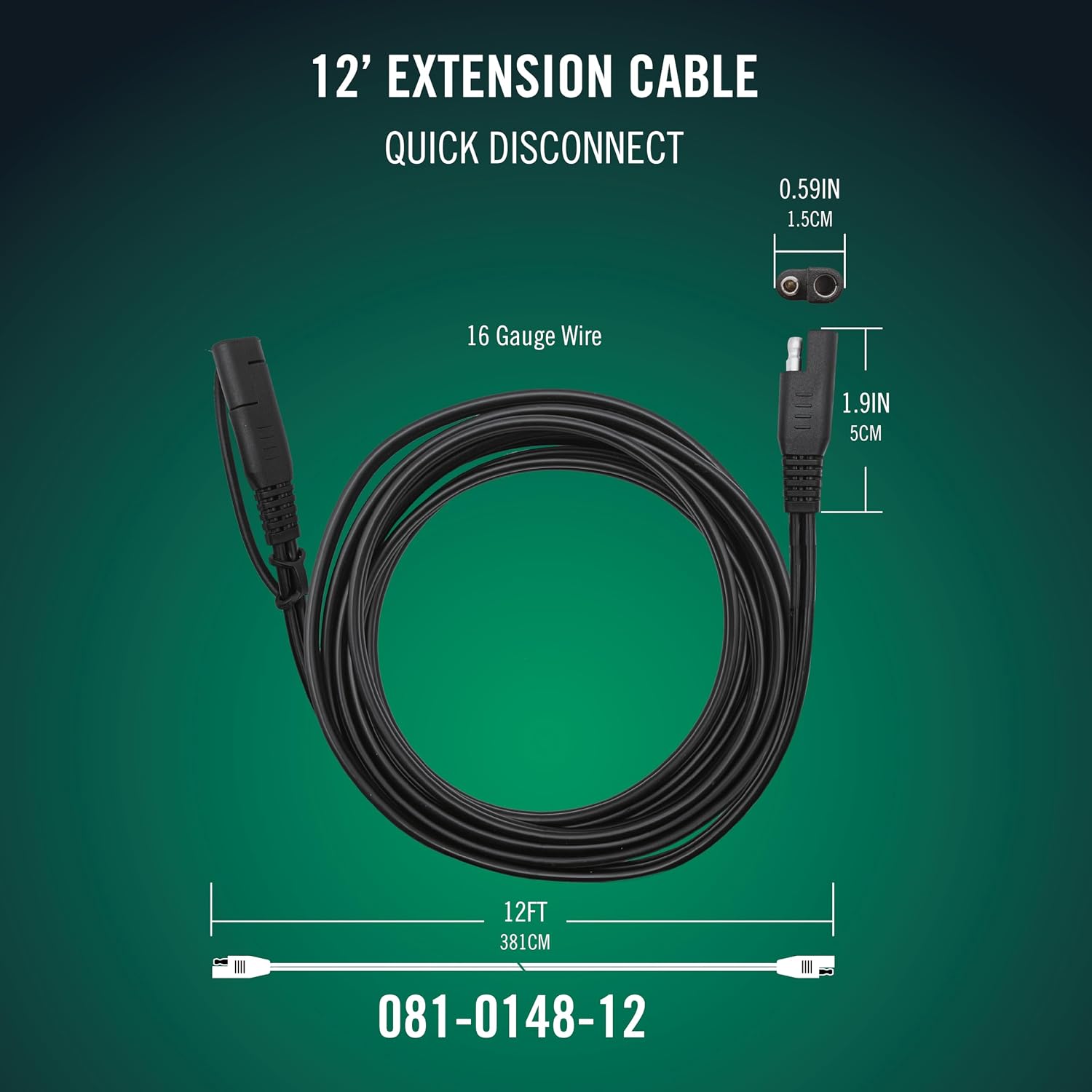 Battery Tender 12 Foot Extension SAE Cable - Designed for Use with Battery Tender Chargers - Quick Connect Plugs for Easy Connection to Motorcycle, Cars, ATVs and More - 081-0148-12