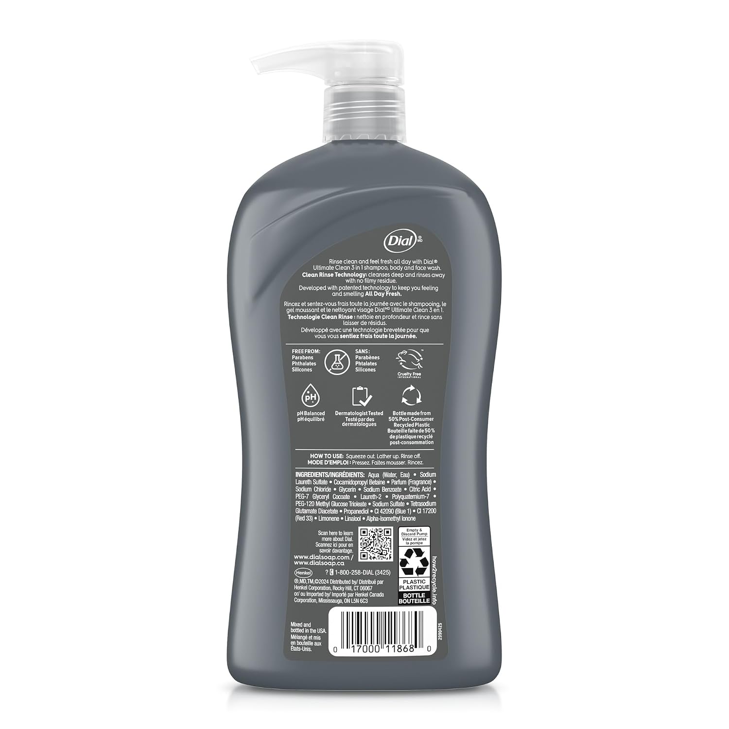 Dial Men 3in1 Body, Hair and Face Wash, Ultimate Clean, 32 Fl Oz