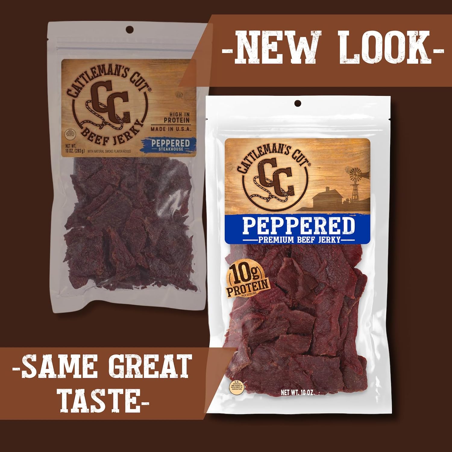 Cattleman's Cut Original Beef Jerky, Premium Marinated Steak High Protein Meat Snacks, Keto Friendly, Gluten Free, Carnivore Travel Snack, Resealable Bag, 10 Ounces