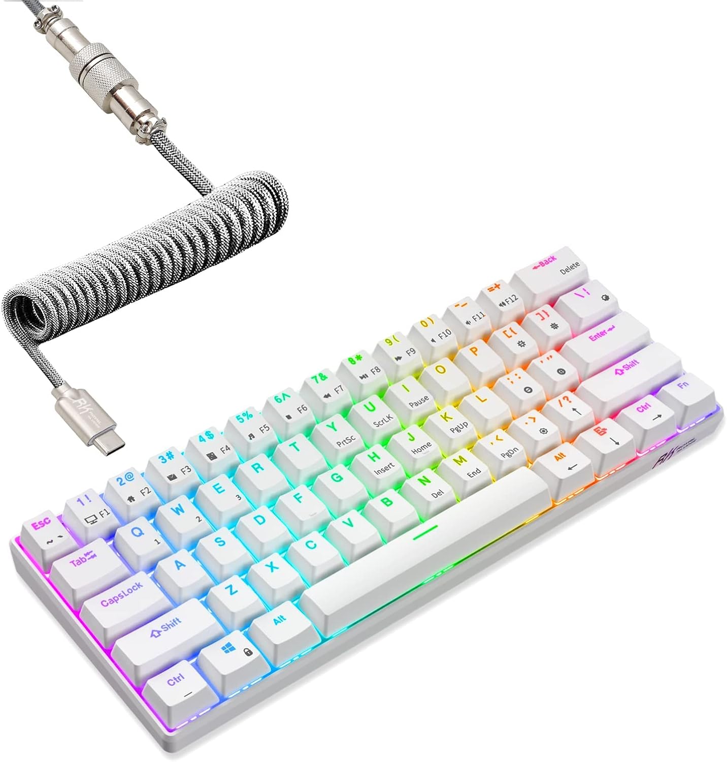 RK ROYAL KLUDGE RK61 Wireless Mechanical Keyboard, 60% Percent RGB, White | Hot Swappable Gaming Keyboard with Bluetooth/2.4G/USB, 61 Keys Ultra-Compact for Win/Mac/PC, Coiled Cable, Linear Red Switch