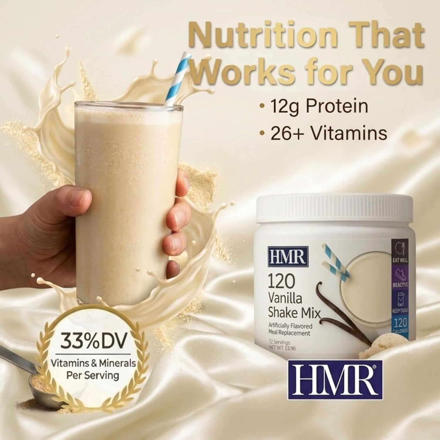 HMR 120 Vanilla Meal Replacement Shake Powder, 12 Servings | Meal Replacement Shake – Smooth Vanilla Flavor – 120 Shake Powder – 12g Protein – 12 Servings