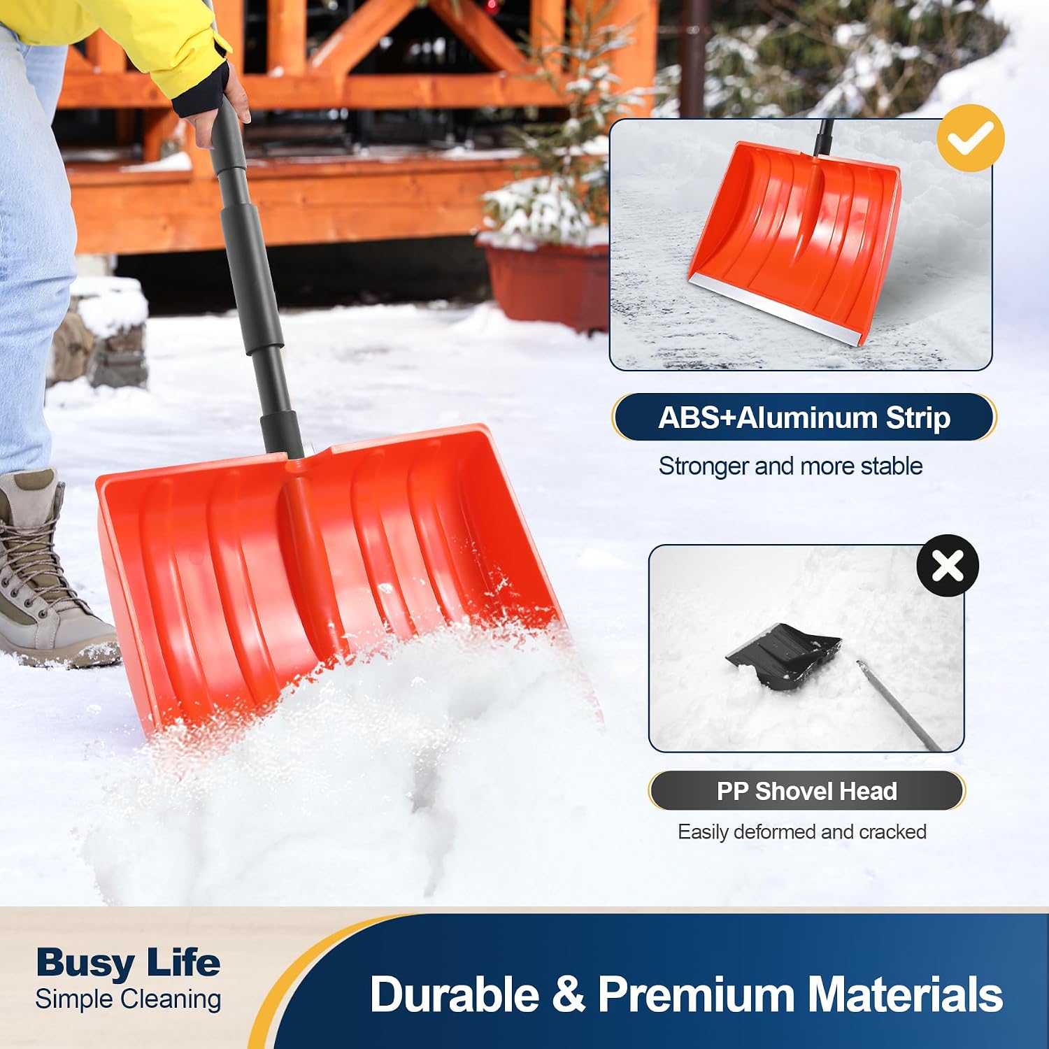Yocada Snow Shovel for Driveway Home Garage Snow Removal | Aluminum Strip with D-Grip Handle 55 inch Long Large Capacity Shovel for Garden Car