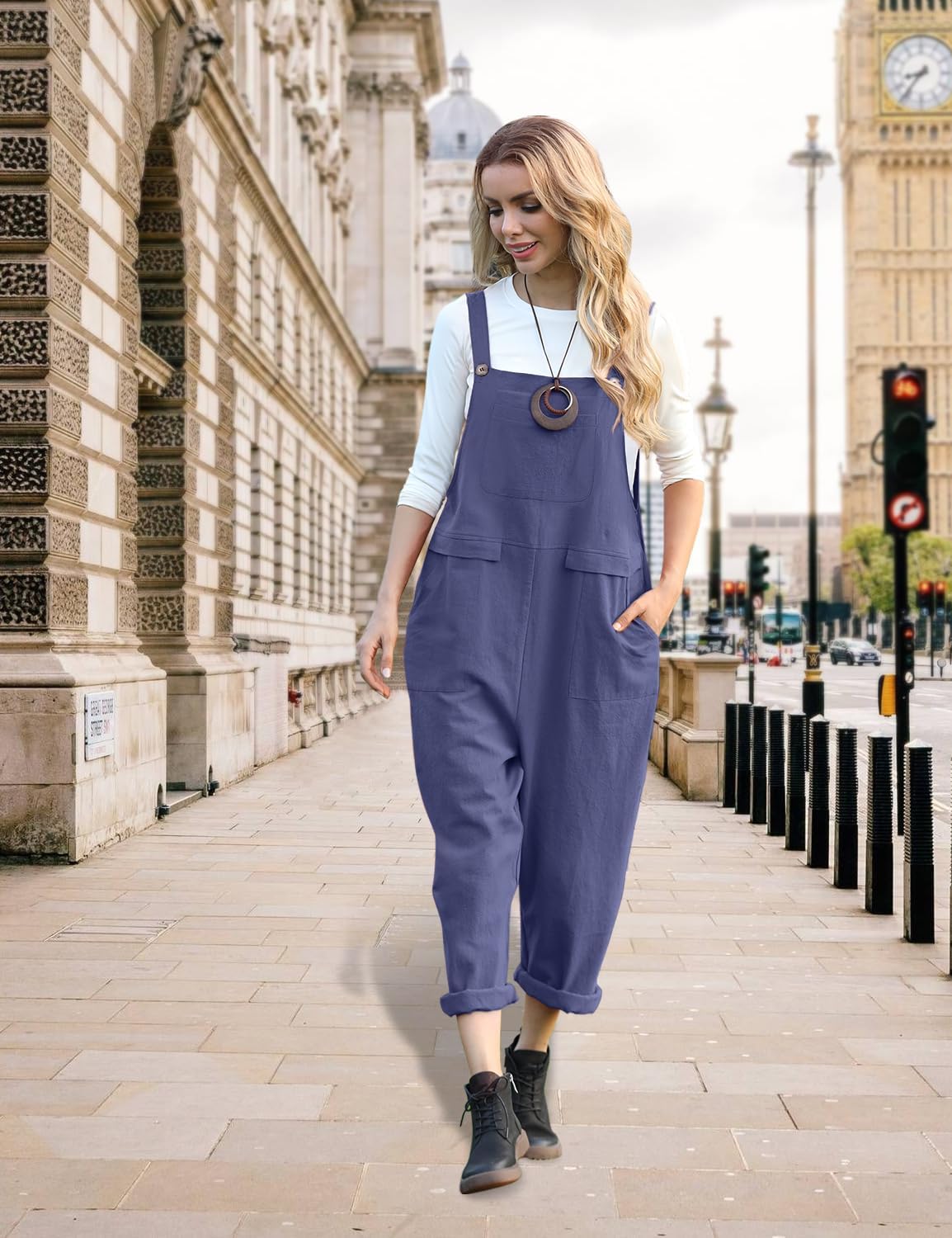 YESNO Women Long Casual Loose Bib Pants Overalls Baggy Rompers Jumpsuits with Pockets PV9