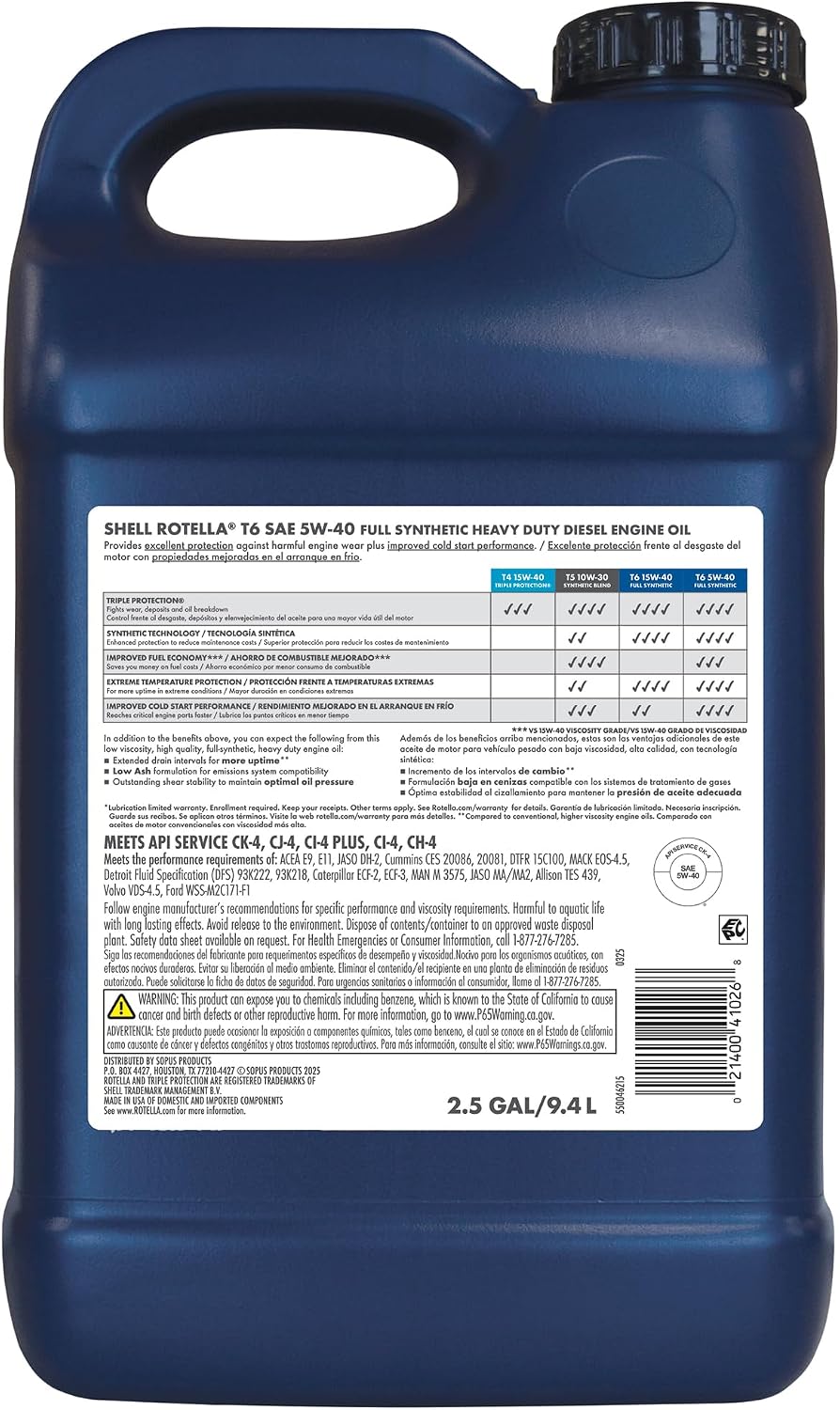 Shell Rotella T6 Full Synthetic Heavy Duty Engine Oil 5W-40, 55 Gallon Drum