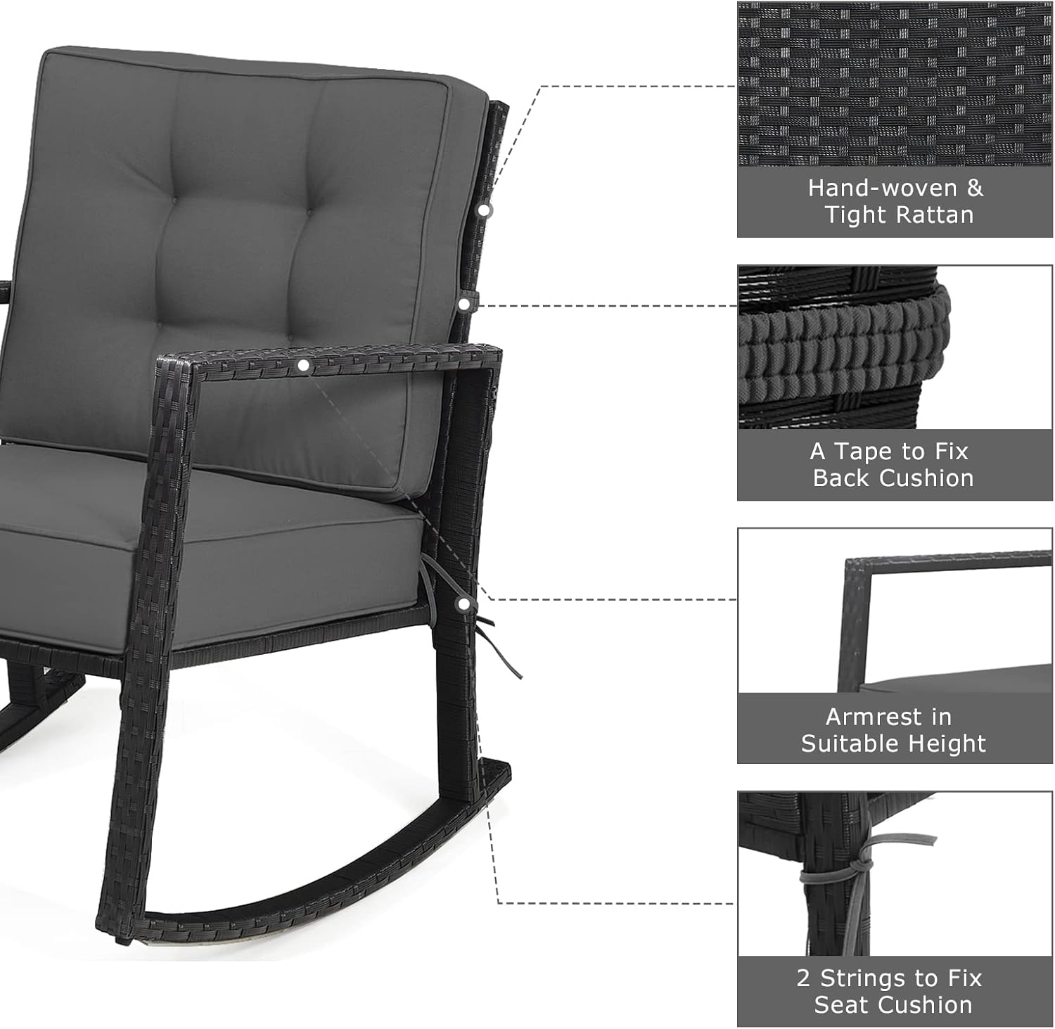 Tangkula Wicker Rocking Chair, Outdoor Glider Rattan Rocker Chair with Heavy-Duty Steel Frame