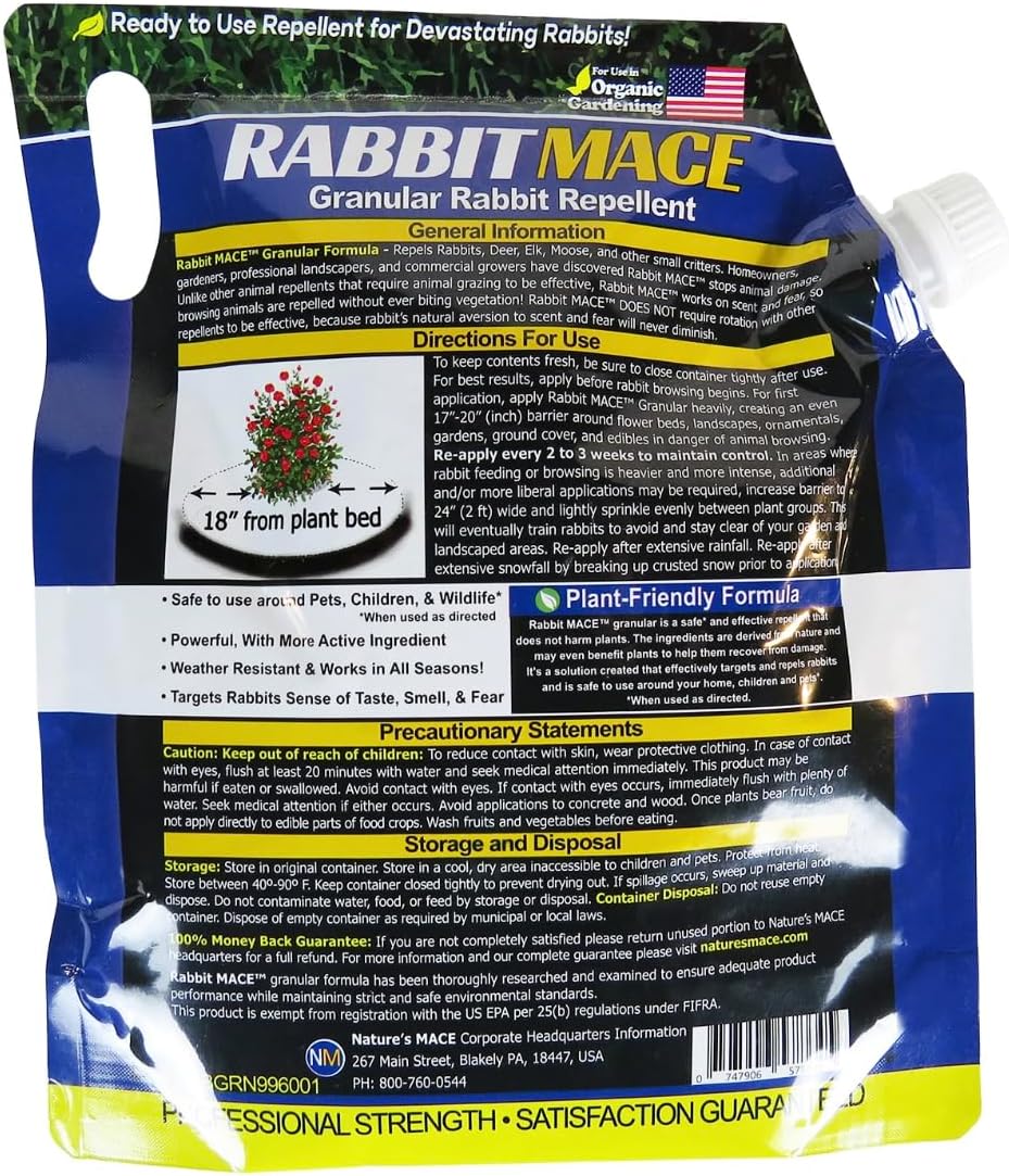 Nature's MACE Rabbit Mace Rabbit Repellent 3 lb Granules | Gardens, Lawns, Farms & Landscapes, Treats 1,350 sq ft, Granular Deterrent, All-Season Use, Safe for Pets, Children, Plants.