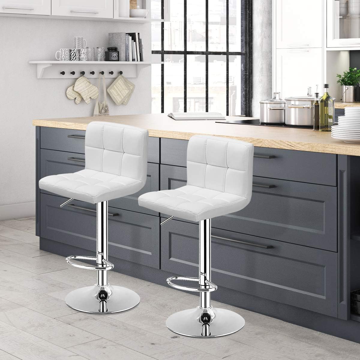 COSTWAY Bar Stool, Modern Swivel Adjustable Height PU Leather Barstools with Back, Square Armless Counter Height Bar Chair for Kitchen Island Dining Living Bistro Pub Counter, Black